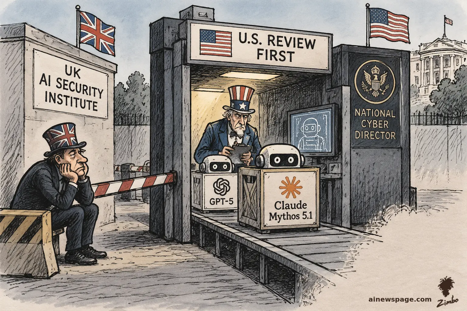 AI cartoon by Zimbo: Satirical cartoon: an Uncle Sam figure at a 'U.S. REVIEW FIRST' checkpoint holds crates labeled GPT-5 and Claude Mythos 5.1 while a dejected British tester in a Union Jack top hat waits outside the barrier.