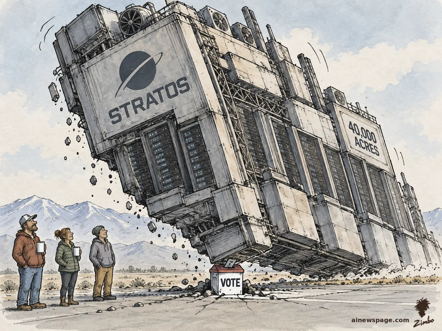Satirical cartoon: a gigantic STRATOS data center labeled 40,000 ACRES topples over, balanced on a tiny red ballot box labeled VOTE, while three ordinary locals with coffee mugs watch.
