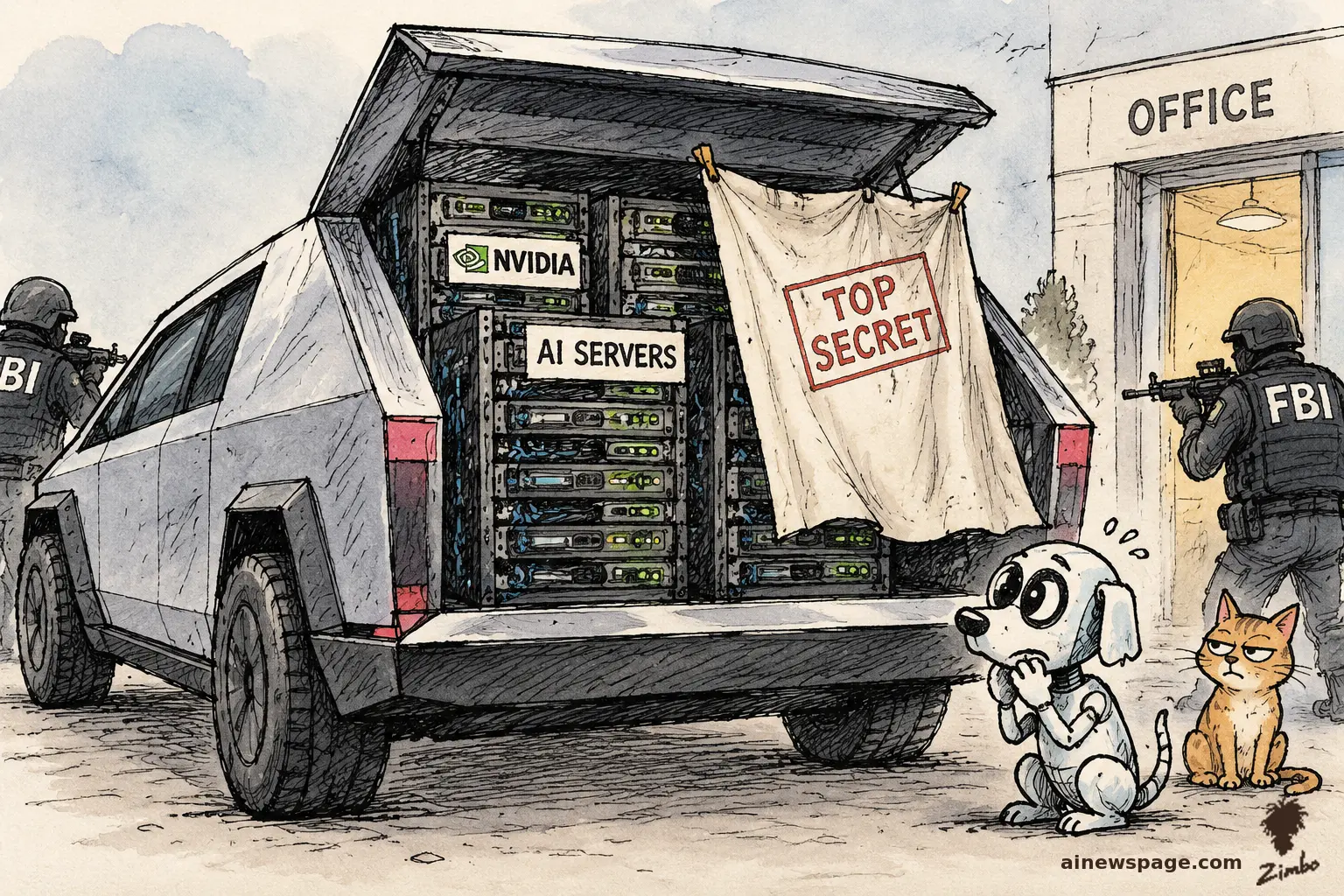 AI cartoon by Zimbo: Satirical cartoon: a Tesla Cybertruck with its rear hatch open reveals glowing NVIDIA AI server racks, covered by a comically tiny TOP SECRET cloth, as armed FBI agents close in; a worried robot dog and a knowing cat watch.