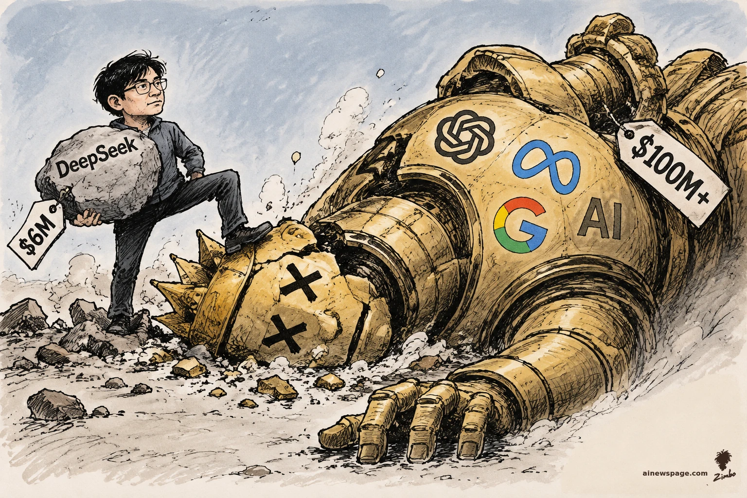 AI cartoon by Zimbo: Satirical cartoon: a tiny bespectacled figure holding a gray rock labeled DeepSeek with a $6M tag stands on the cracked head of a fallen golden robot tagged $100M+ with OpenAI, Meta and Google logos.