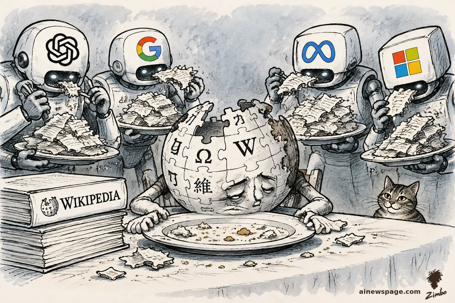 AI cartoon by Zimbo: Satirical cartoon: four gluttonous Big-Tech robots (OpenAI, Google, Meta, Microsoft logos) gorge on heaped platters of Wikipedia puzzle-piece content while the emaciated Wikipedia globe slumps with an empty crumb-littered plate; Issue the tabby cat watches knowingly from the background.
