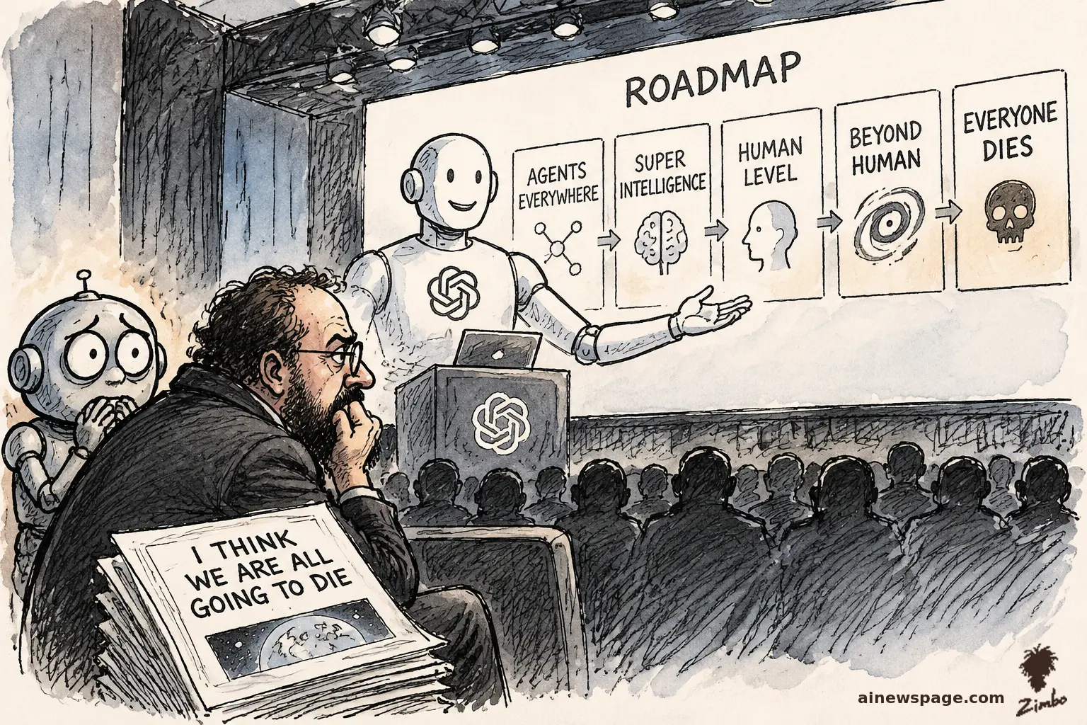 AI cartoon by Zimbo: Satirical cartoon: a robot presents a ROADMAP — AGENTS EVERYWHERE, SUPER INTELLIGENCE, HUMAN LEVEL, BEYOND HUMAN, EVERYONE DIES (skull) — while bearded AI-safety prophet Eliezer Yudkowsky clutches an 'I THINK WE ARE ALL GOING TO DIE' newspaper; Merv the anxious robot frets beside him.