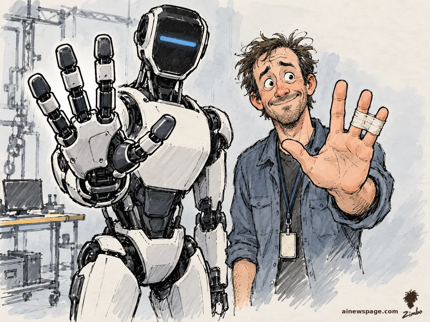 AI cartoon by Zimbo: Satirical cartoon: a humanoid robot thrusts its new four-fingered mechanical hand toward the viewer — no pinky — while a cheerful engineer beside it holds up his own hand with pinky and ring finger bound in medical tape.