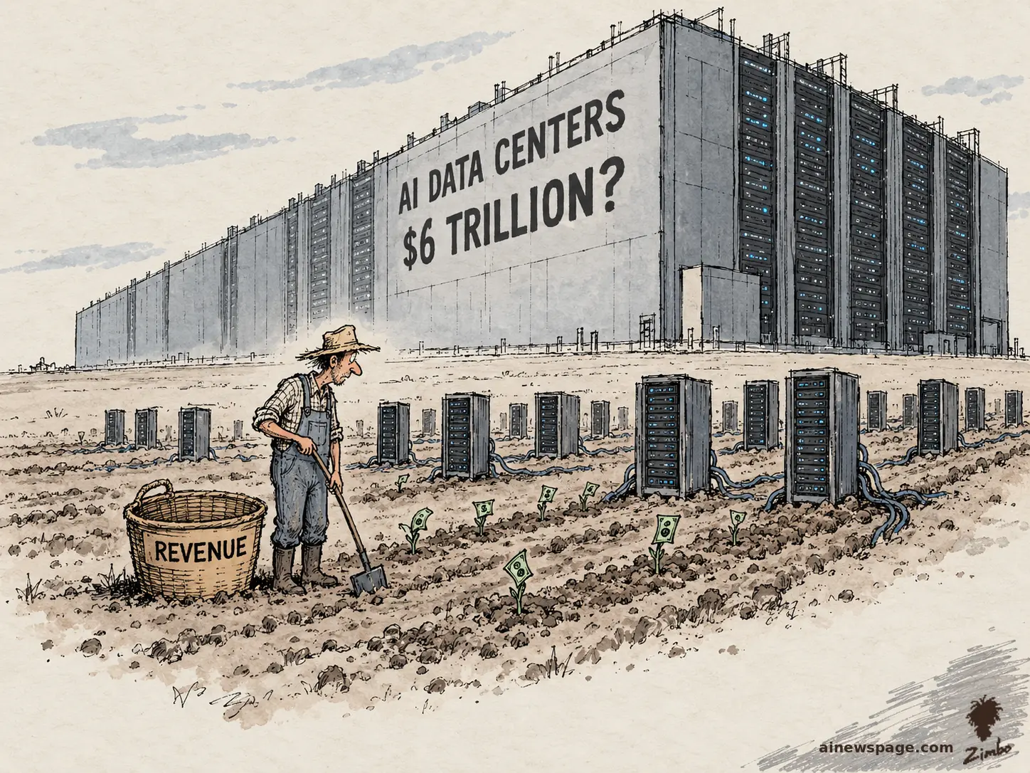 Satirical cartoon: a farmer plants tiny dollar-bill sprouts in a field of server racks before a colossal building labeled AI DATA CENTERS $6 TRILLION?; his empty basket reads REVENUE.