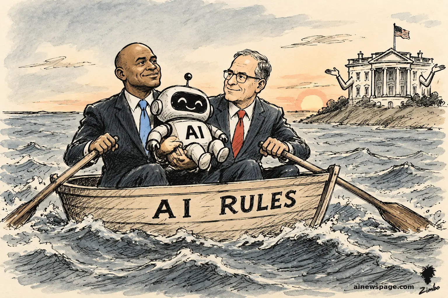 AI cartoon by Zimbo: Satirical cartoon: two governors (one in a blue tie, one in a red tie) row a wooden lifeboat labeled 'AI RULES' while jointly cradling a smiling baby robot labeled 'AI', as the White House shrugs with outstretched arms on the distant shore.