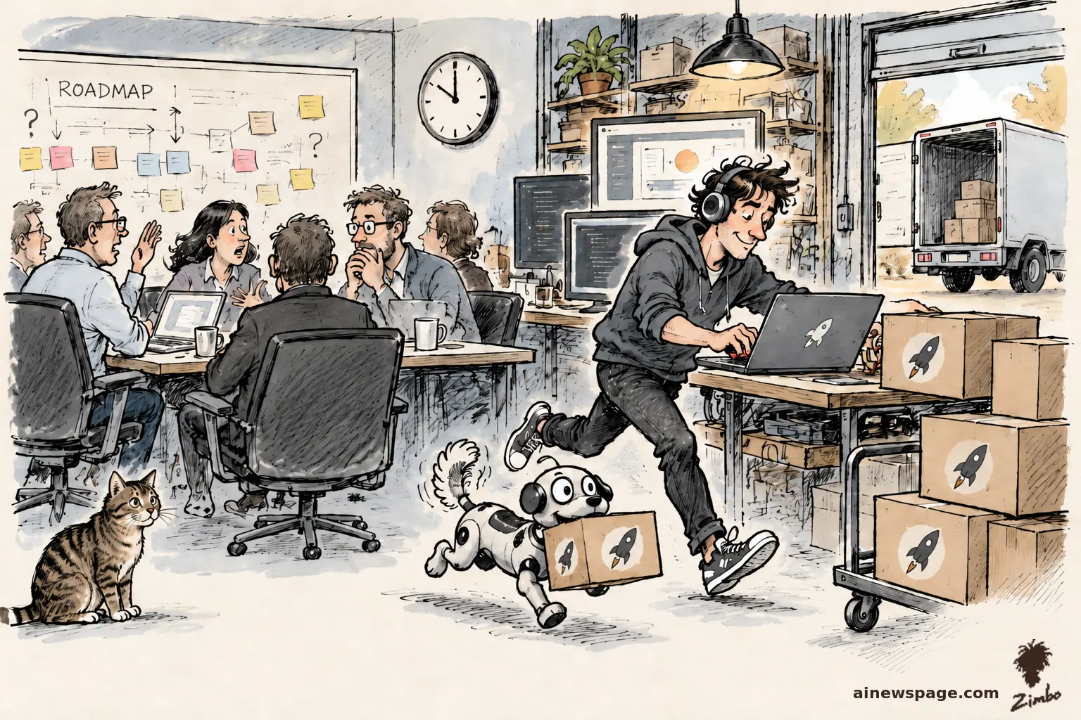 AI cartoon by Zimbo: Satirical cartoon: a builder in headphones sprints with a laptop while a robot dog hauls rocket-logo shipping boxes to a delivery truck as a meeting team argues under a ROADMAP whiteboard.