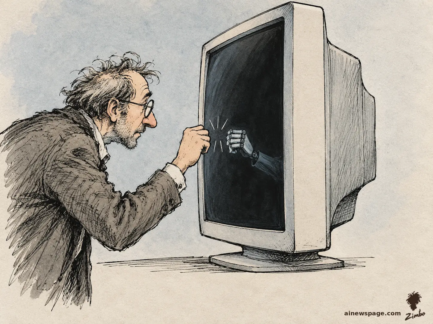 AI cartoon by Zimbo: Satirical cartoon: a rumpled philosopher knocks on an old CRT monitor like a front door while a small mechanical hand knocks back from inside the dark screen.