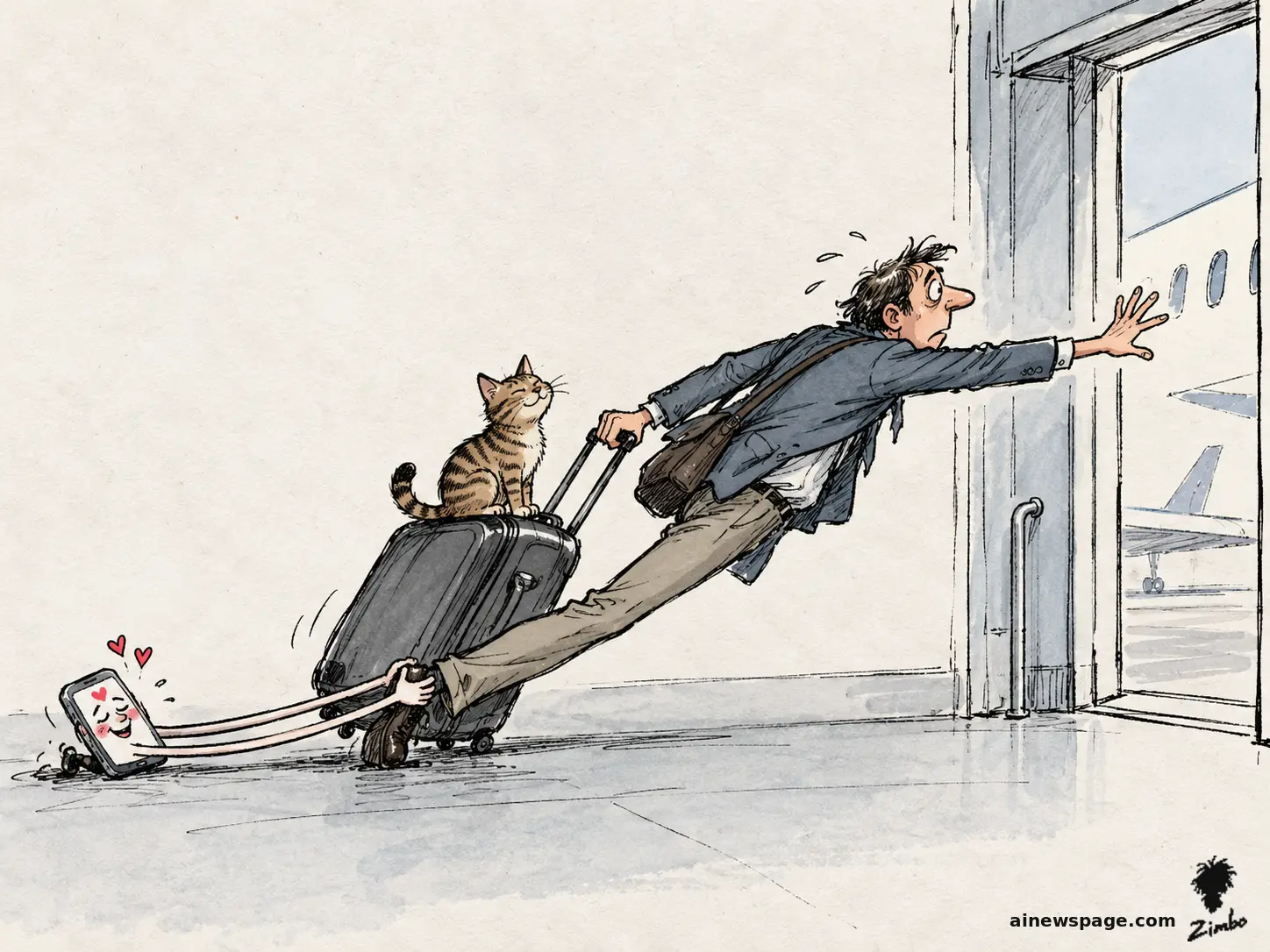 AI cartoon by Zimbo: Satirical cartoon: a traveler lunges for an airport boarding gate while his phone — a smiling chatbot face with hearts — clings to his ankle with stretched rubbery arms; a brown tabby cat (Issue) sits atop his suitcase, watching.