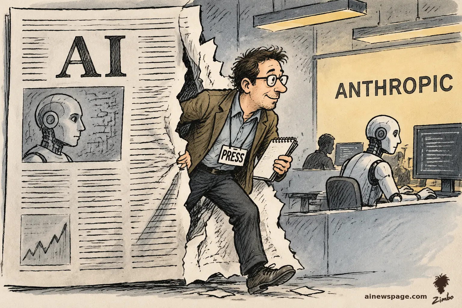 AI cartoon by Zimbo: Editorial cartoon: a PRESS-badged journalist with a notepad steps bodily through a torn newspaper front page headlined 'AI' into an Anthropic lab where a robot works at a desk.