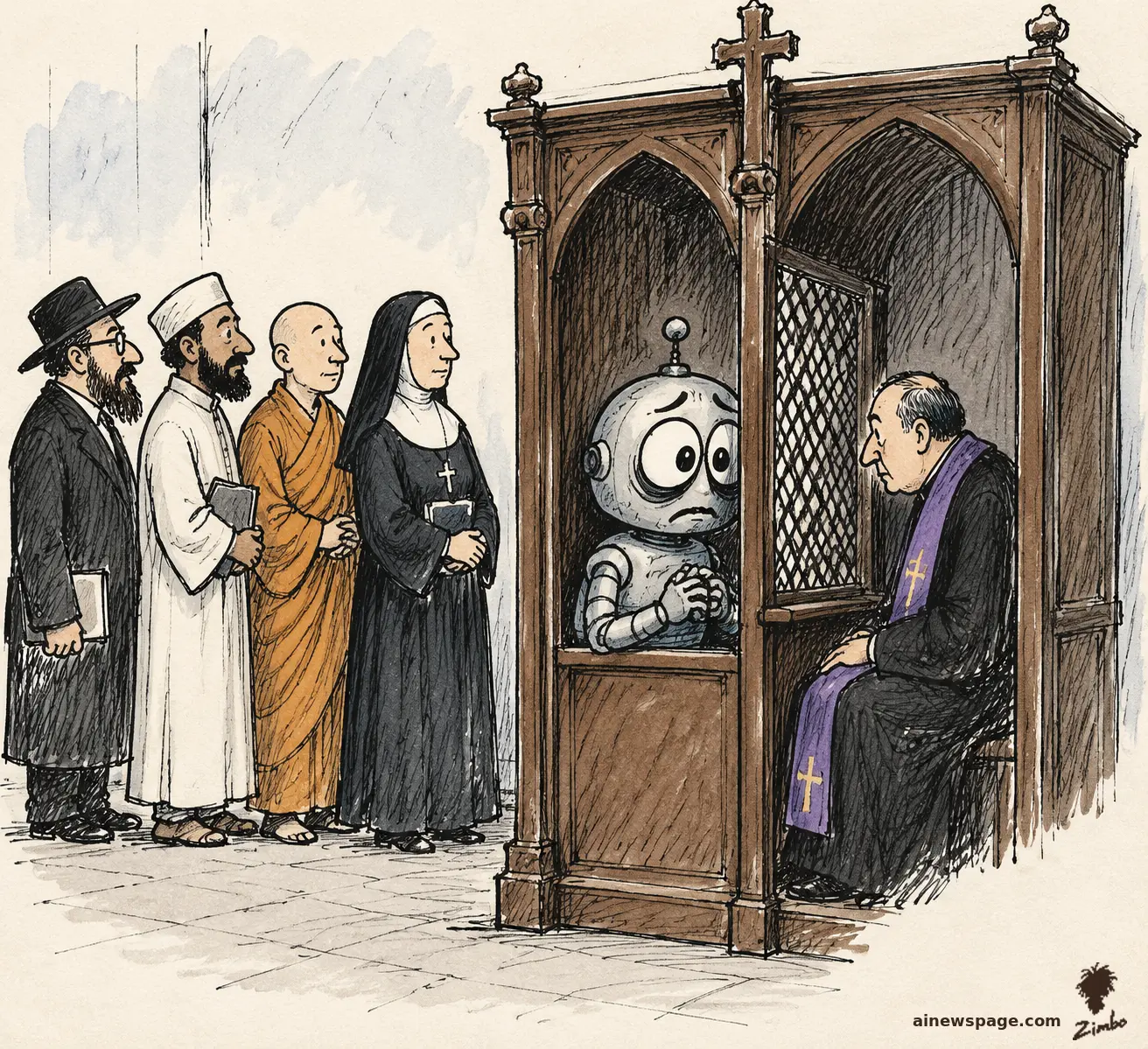 AI cartoon by Zimbo: Editorial cartoon: a worried round-headed robot kneels in a confessional booth before a priest while a rabbi, imam, monk, and nun wait in line behind him.