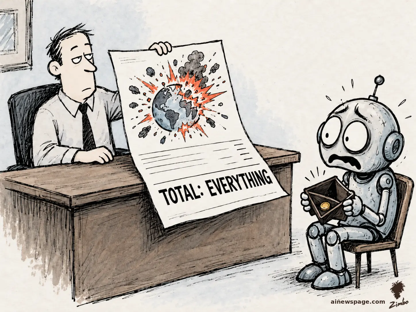 AI cartoon by Zimbo: Satirical cartoon: a deadpan analyst holds up an itemized invoice for the apocalypse, its single line item an exploding Earth stamped TOTAL: EVERYTHING, while a worried robot clutches an empty wallet.