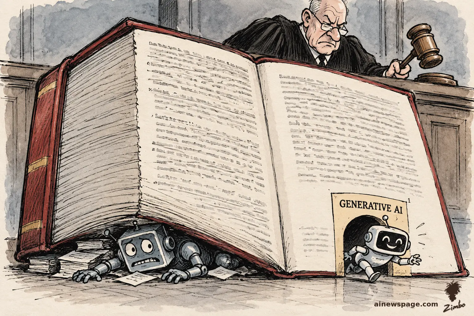 AI cartoon by Zimbo: Satirical cartoon: a scowling judge slams a giant law book onto a terrified boxy robot while a cheerful chatbot escapes through a tiny door labeled 'GENERATIVE AI' cut into the book.