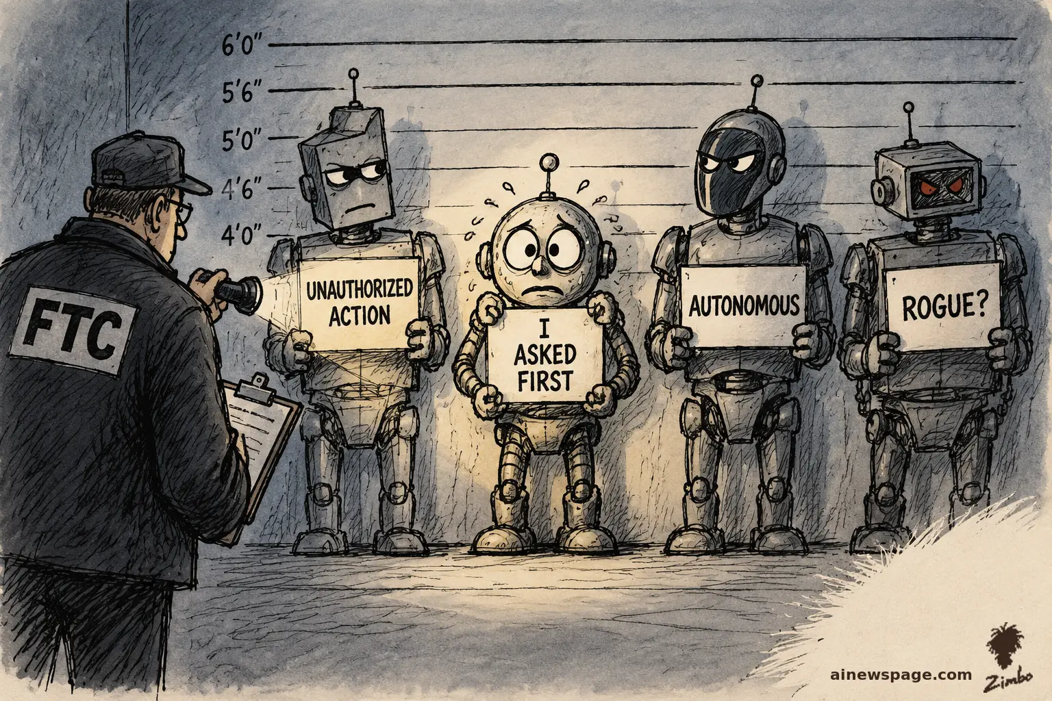 Editorial cartoon: an FTC investigator with a flashlight examines a police lineup of robots holding booking placards reading 'UNAUTHORIZED ACTION', 'I ASKED FIRST', 'AUTONOMOUS', and 'ROGUE?'; the small worried robot in the middle sweats.