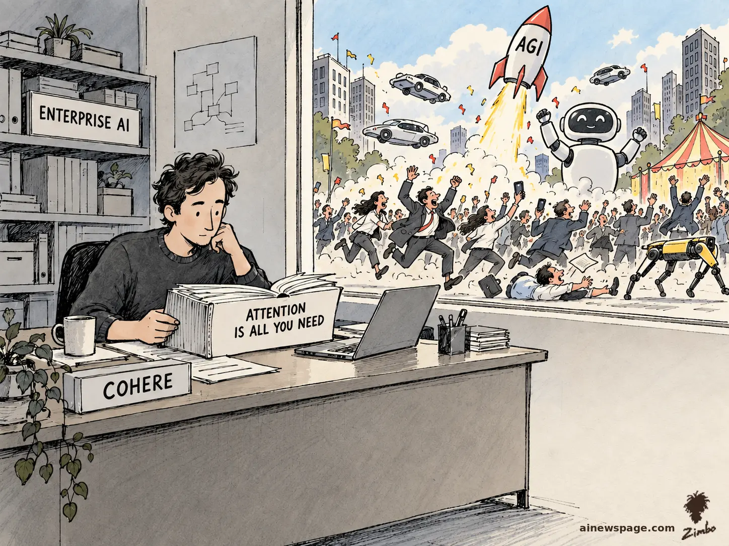 AI cartoon by Zimbo: Satirical cartoon: a calm founder-type at a COHERE desk reads an ATTENTION IS ALL YOU NEED binder while an AGI-hype stampede — a rocket labeled AGI, a robot, a robot dog, a cheering crowd — rages outside his window.