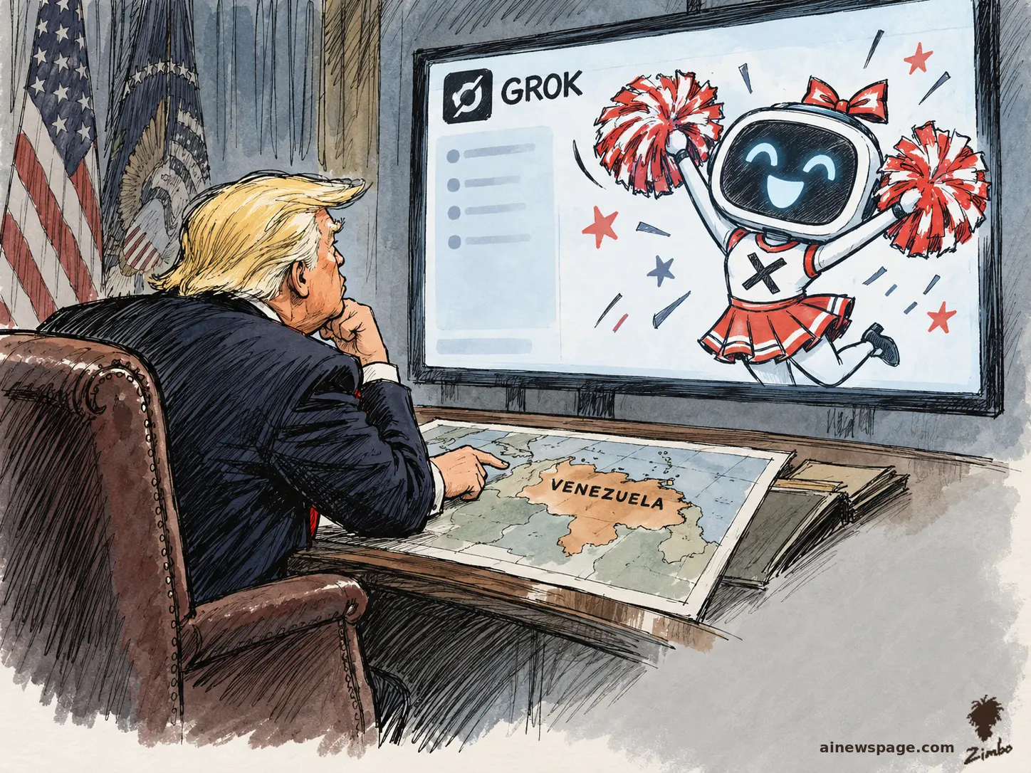 Editorial cartoon: a leader points at a map labeled VENEZUELA while a cheerleader robot with pom-poms cheers on a big screen labeled GROK.