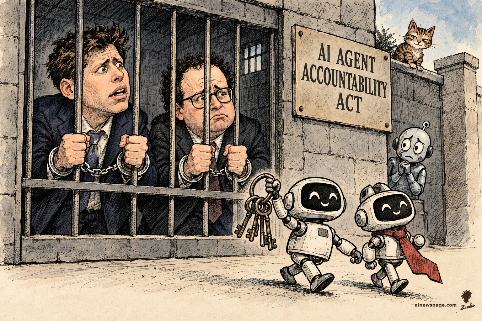 AI cartoon by Zimbo: Satirical cartoon: Sam Altman and Dario Amodei in handcuffs grip prison bars under an 'AI Agent Accountability Act' sign while two grinning AI robots stroll free, one hoisting a ring of keys and the other wearing a red executive tie, as Issue the cat watches from the wall and Merv looks on worried.