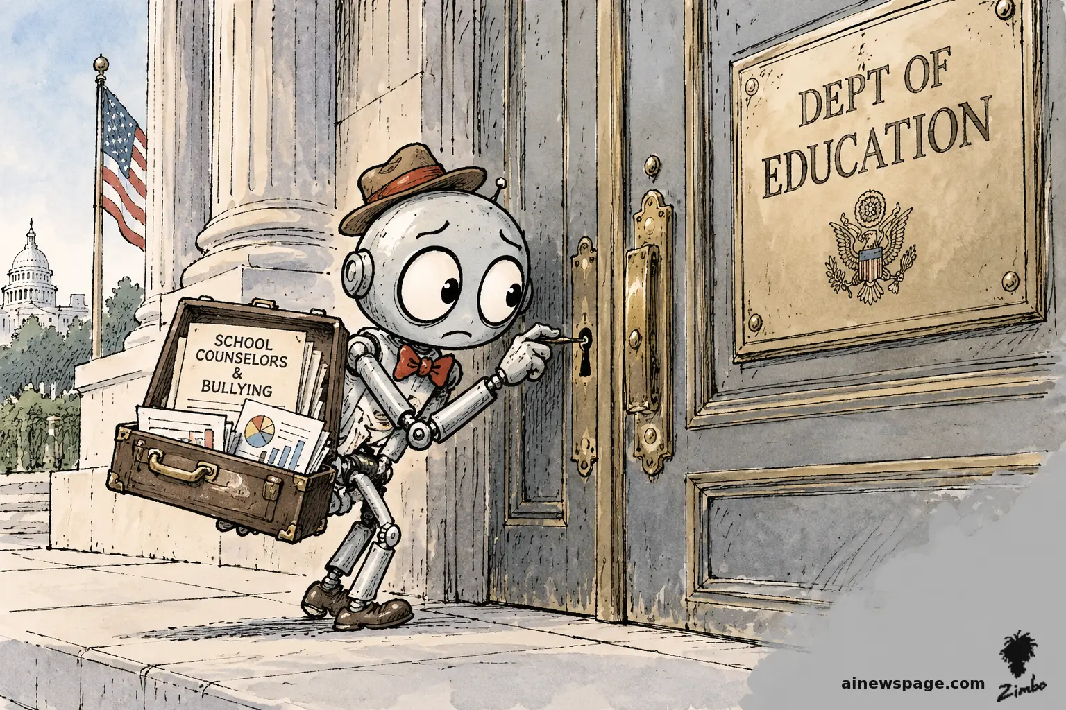 AI cartoon by Zimbo: Satirical cartoon: Merv, an anxious retro robot in a fedora and red bow tie, is caught lockpicking the giant brass door of the 'DEPT OF EDUCATION' building, his open sample case stuffed with homework papers labeled 'SCHOOL COUNSELORS & BULLYING'.