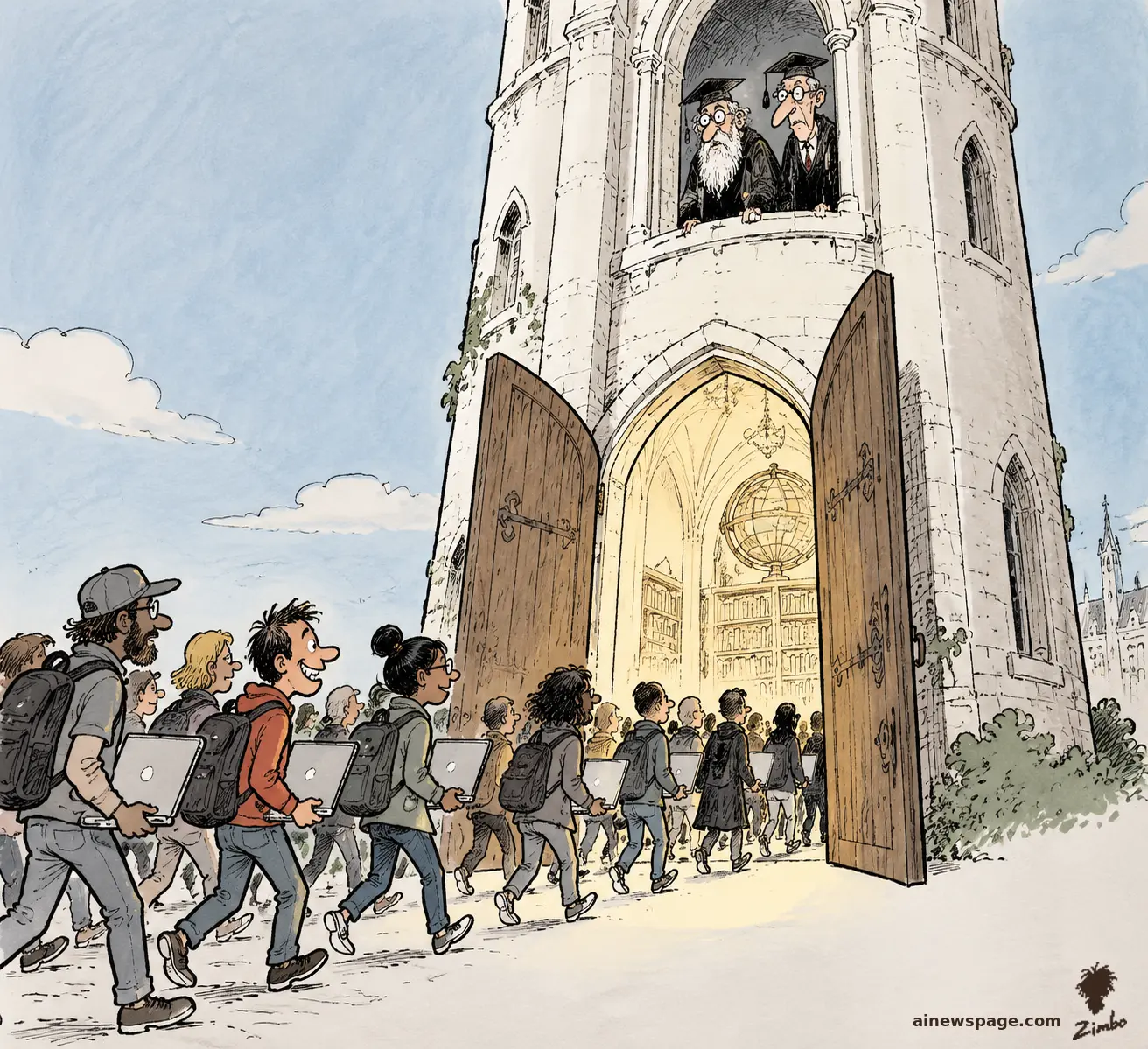 AI cartoon by Zimbo: Satirical cartoon: a crowd of ordinary laptop-carrying people streams through the flung-open doors of a literal ivory tower into a golden library, while two robed academics watch with bemused dismay from a window above.
