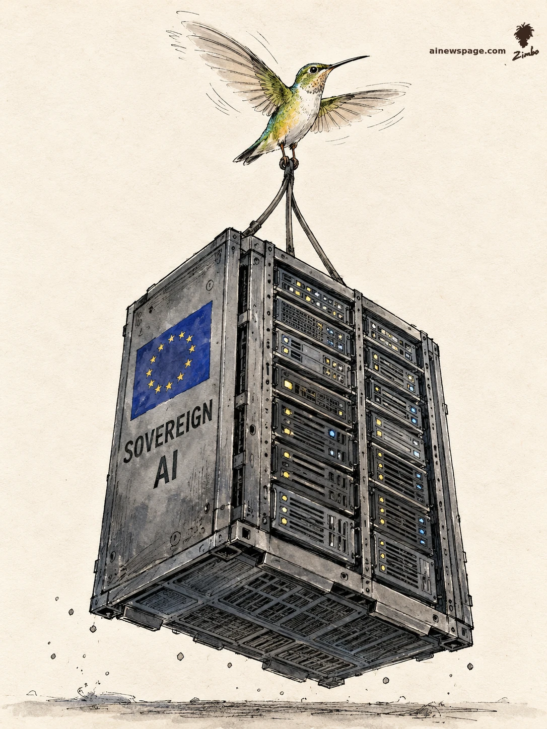 AI cartoon by Zimbo: Satirical cartoon: a tiny green hummingbird strains to lift a massive server rack labeled SOVEREIGN AI with an EU flag by a single cable, on warm paper.