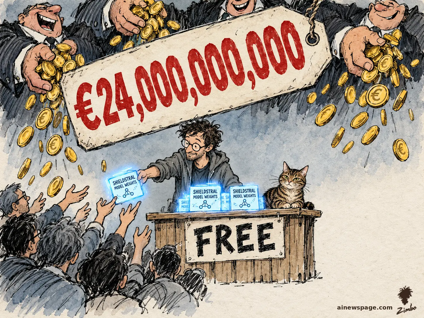 AI cartoon by Zimbo: Satirical cartoon: Mistral CTO Timothée Lacroix hands out glowing 'SHIELDSTRAL MODEL WEIGHTS' parcels from a wooden stall labeled 'FREE' while a giant red '€24,000,000,000' price tag looms overhead and investors shower gold coins; a tabby cat (Issue) watches from the counter.