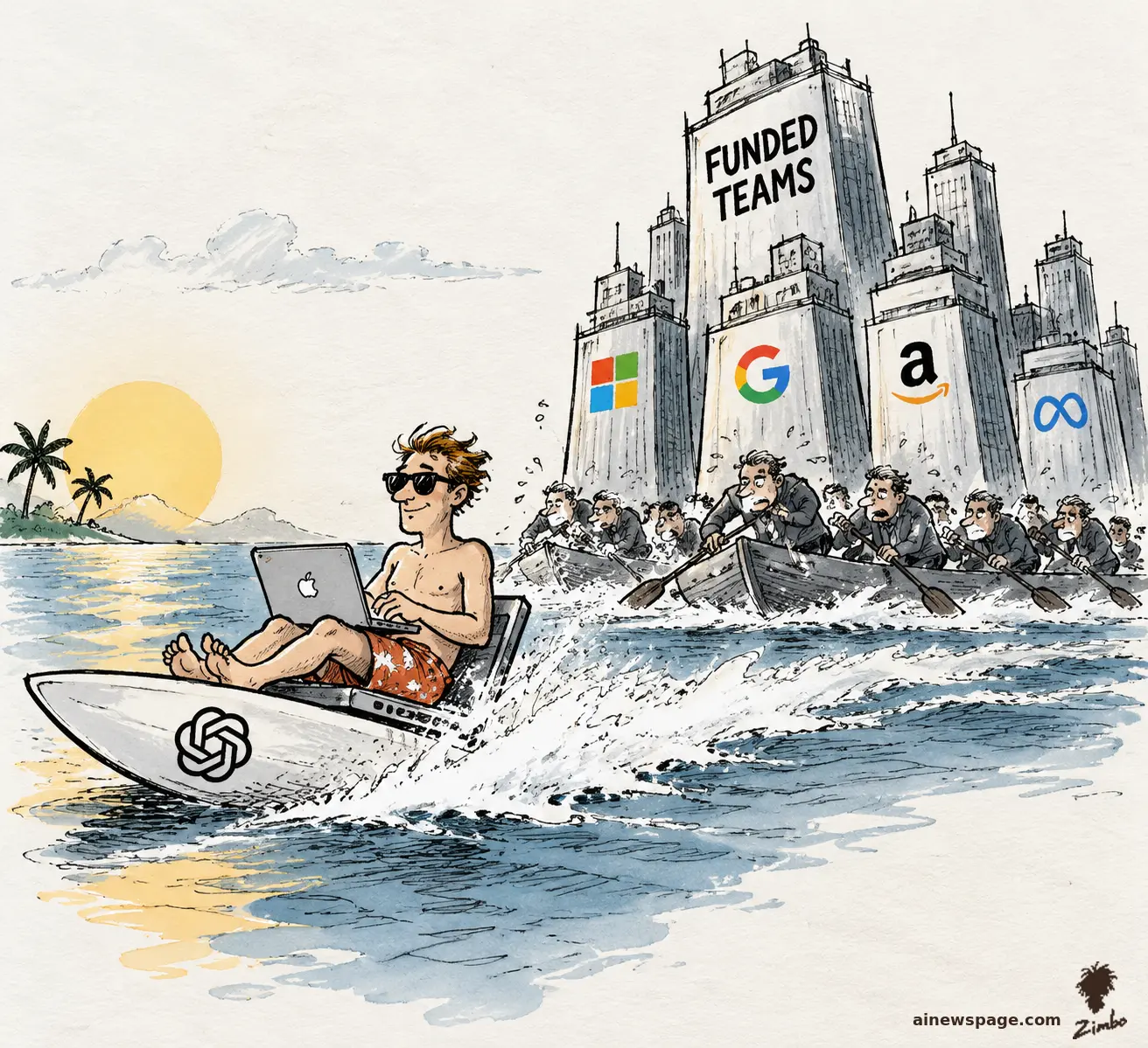 AI cartoon by Zimbo: Editorial cartoon: a lone hacker in swim shorts lounges with a laptop on a speedboat, racing ahead of frantic suited corporate paddlers beneath skyscrapers labeled 'FUNDED TEAMS' with Microsoft, Google, Amazon, and Meta logos.
