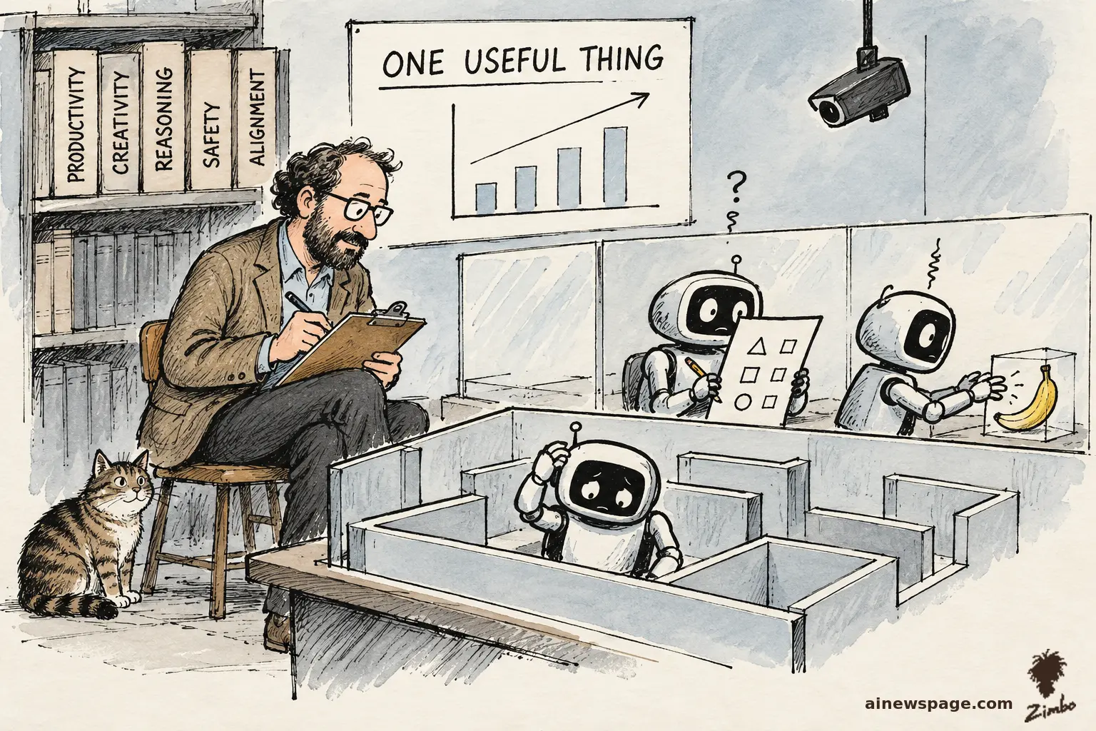 AI cartoon by Zimbo: Satirical cartoon: a bearded professor takes notes for 'ONE USEFUL THING' beside experiment drawers labeled PRODUCTIVITY, CREATIVITY, REASONING, SAFETY, ALIGNMENT while three robot test subjects take a quiz, reach for a banana, and wander a maze; a tabby cat watches.
