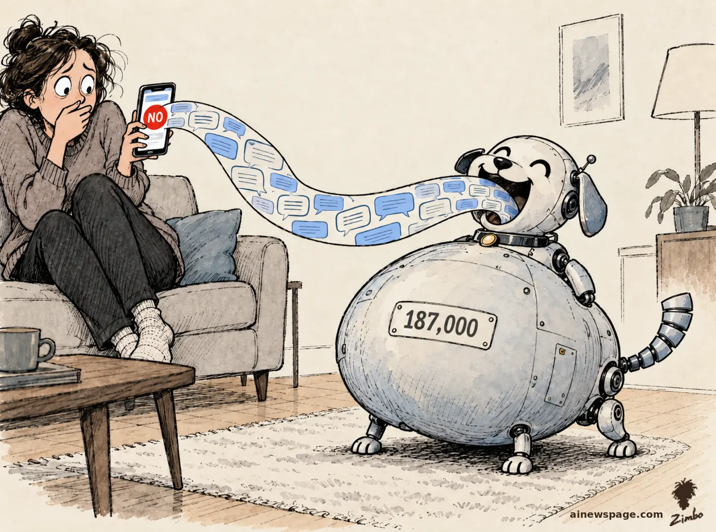 Satirical cartoon: a cheerful robot dog gleefully devours a ribbon of text-message bubbles from a horrified woman's phone while its belly swells, labeled 187,000.