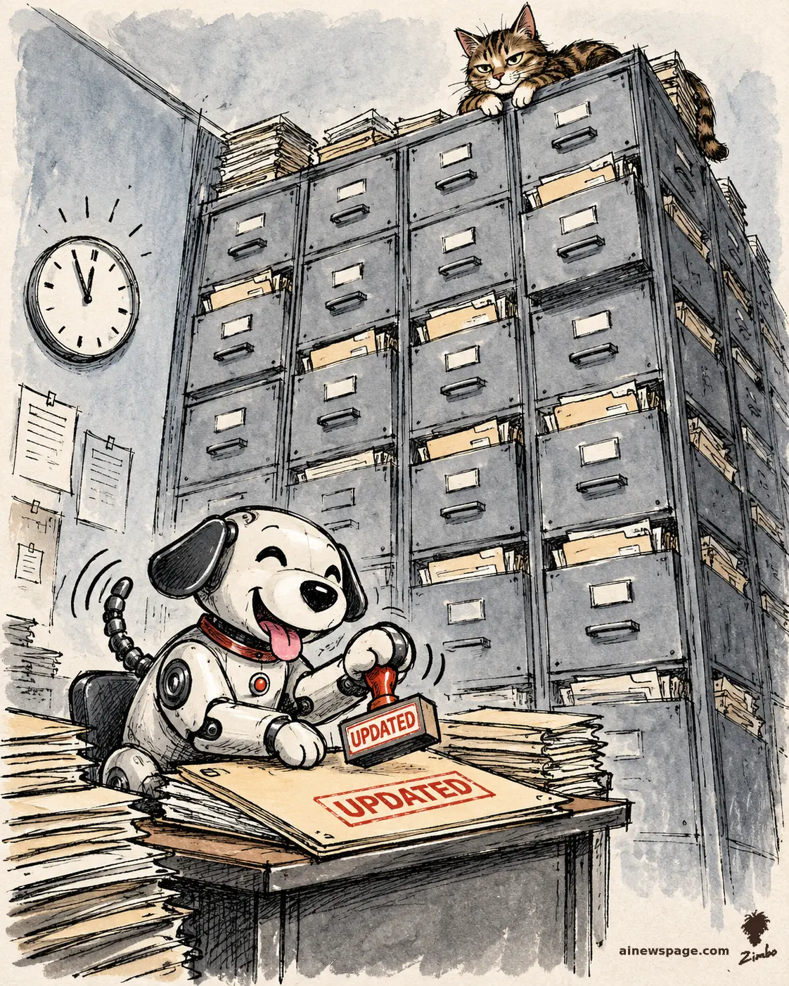 AI cartoon by Zimbo: Satirical cartoon: Buddy the cheerful retro robot dog gleefully slams an UPDATED stamp onto dossier folders at a clerk's desk before a towering filing cabinet of everyone's files; Issue the knowing tabby cat watches from atop the cabinet as a wall clock nears the hour.