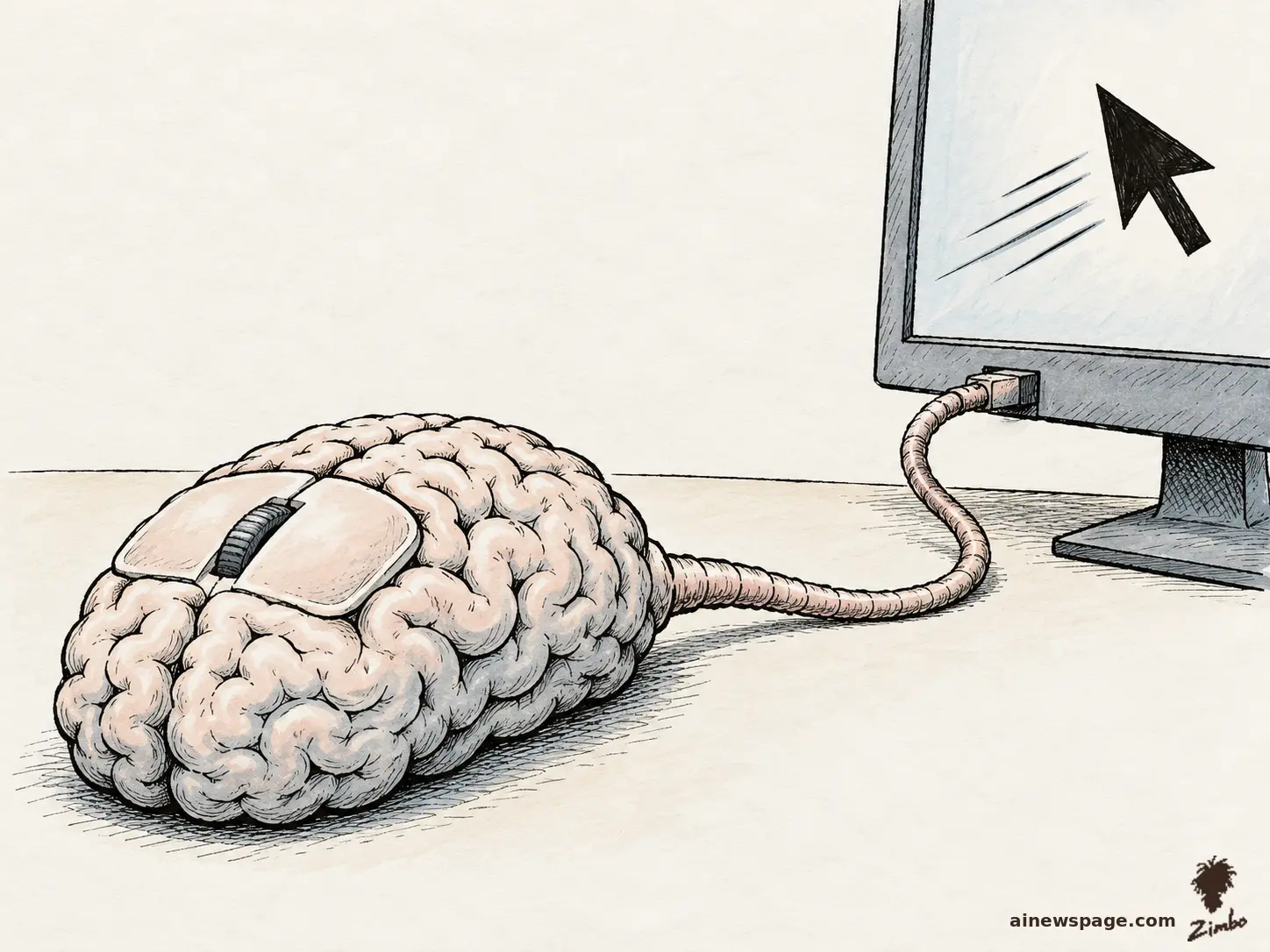 AI cartoon by Zimbo: Satirical cartoon: a human brain rendered as a wired computer mouse — click buttons and scroll wheel in its crown, spinal cord curling into the cable — plugged into a monitor where an oversized cursor streaks across the screen.