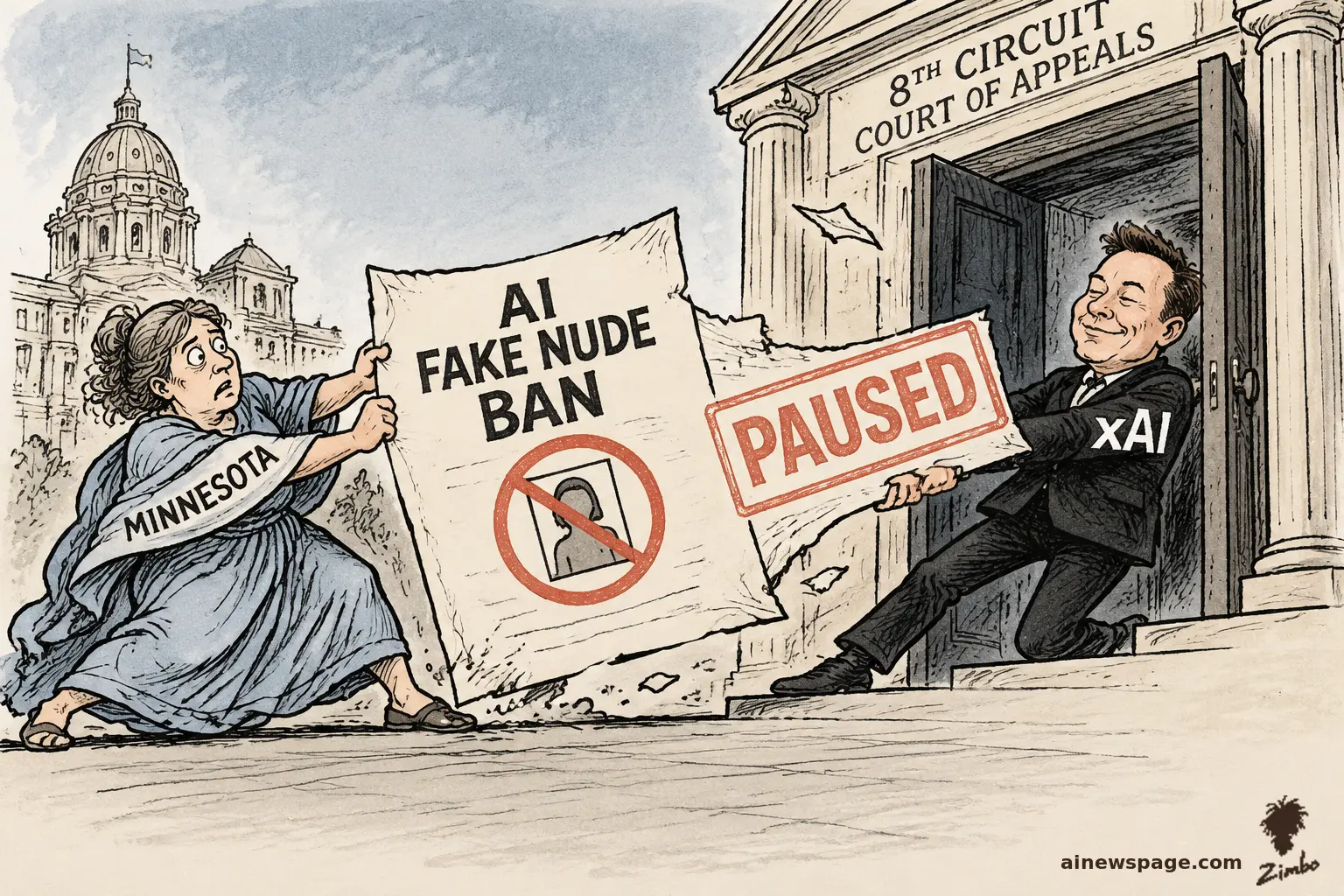 AI cartoon by Zimbo: Satirical cartoon: Minnesota (sash + capitol dome) and an xAI-labeled Elon Musk play tug-of-war over a torn AI FAKE NUDE BAN sign while he stamps a red PAUSED on it in the 8th Circuit Court of Appeals doorway.