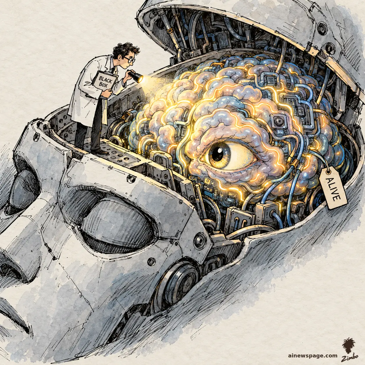 AI cartoon by Zimbo: Editorial cartoon: a tiny scientist with a 'BLACK BOX' clipboard shines a flashlight inside an enormous open robot skull, where the glowing brain is still alive, one huge eye blinking back at him, tagged 'ALIVE'.