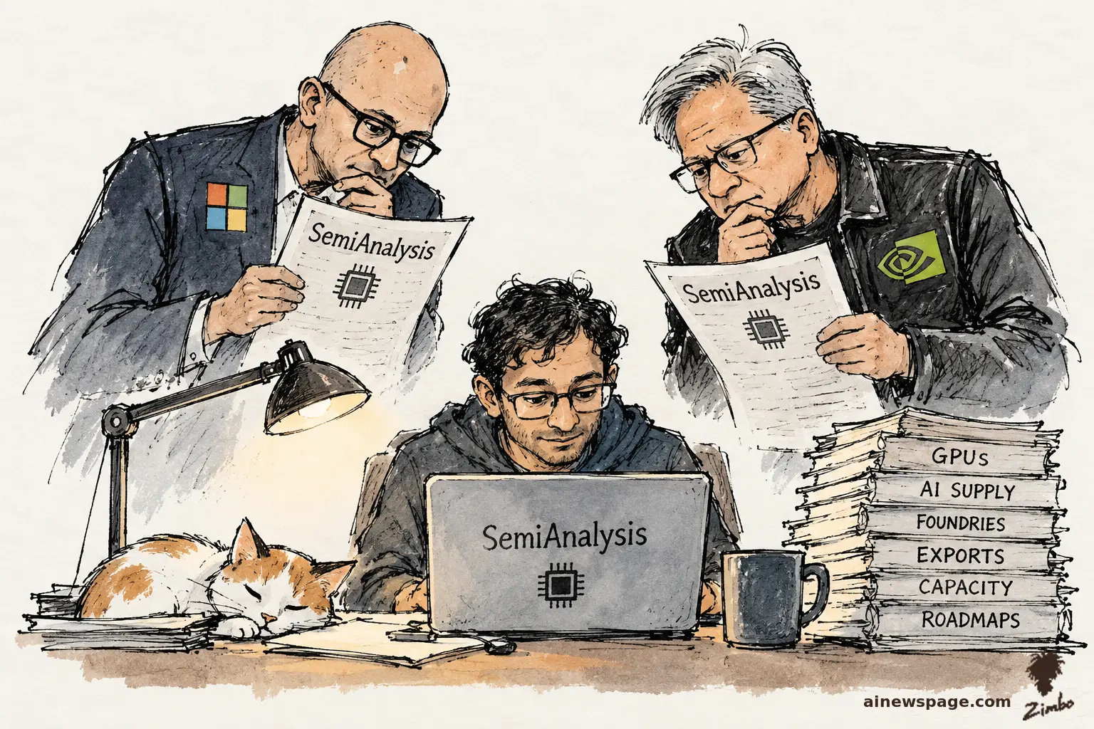 Satirical cartoon: a young newsletter writer types at a 'SemiAnalysis' laptop while two looming tech CEOs — Microsoft pin, NVIDIA pin — read his newsletter over his shoulders; dossiers labeled GPUs, FOUNDRIES, EXPORTS, ROADMAPS stack beside a sleeping cat.