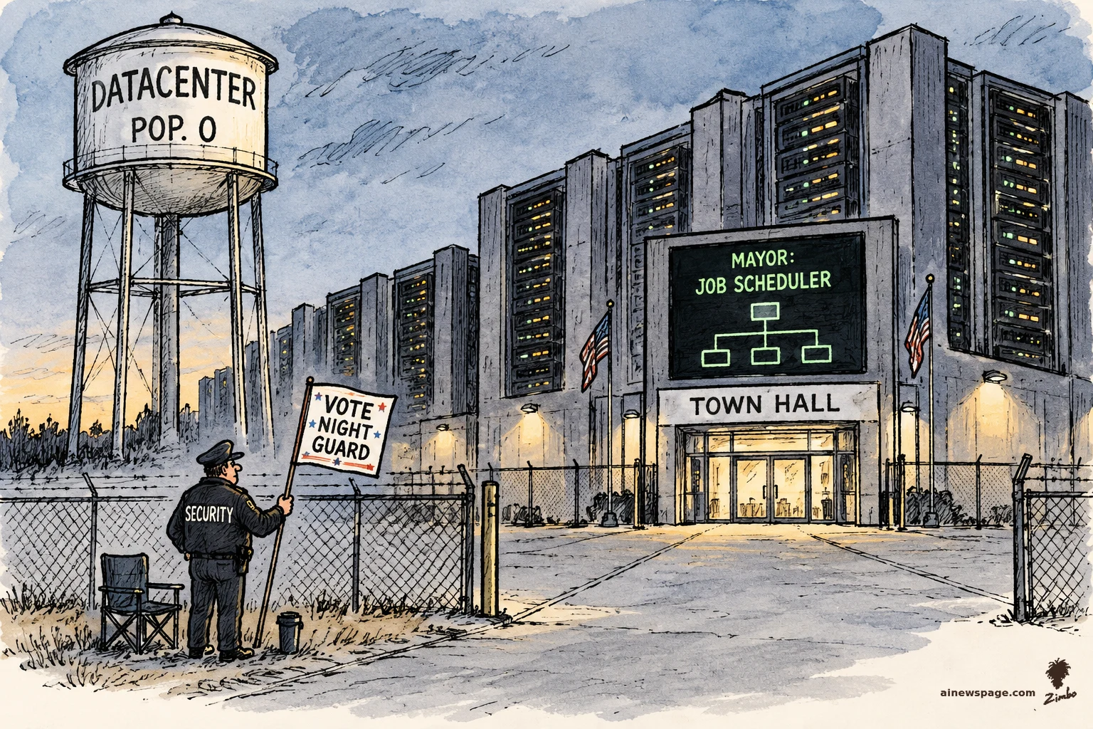 Editorial cartoon: a water tower reading 'DATACENTER POP. 0' looms over a server-block town hall whose sign reads 'MAYOR: JOB SCHEDULER'; a night guard holds a 'VOTE NIGHT GUARD' sign.