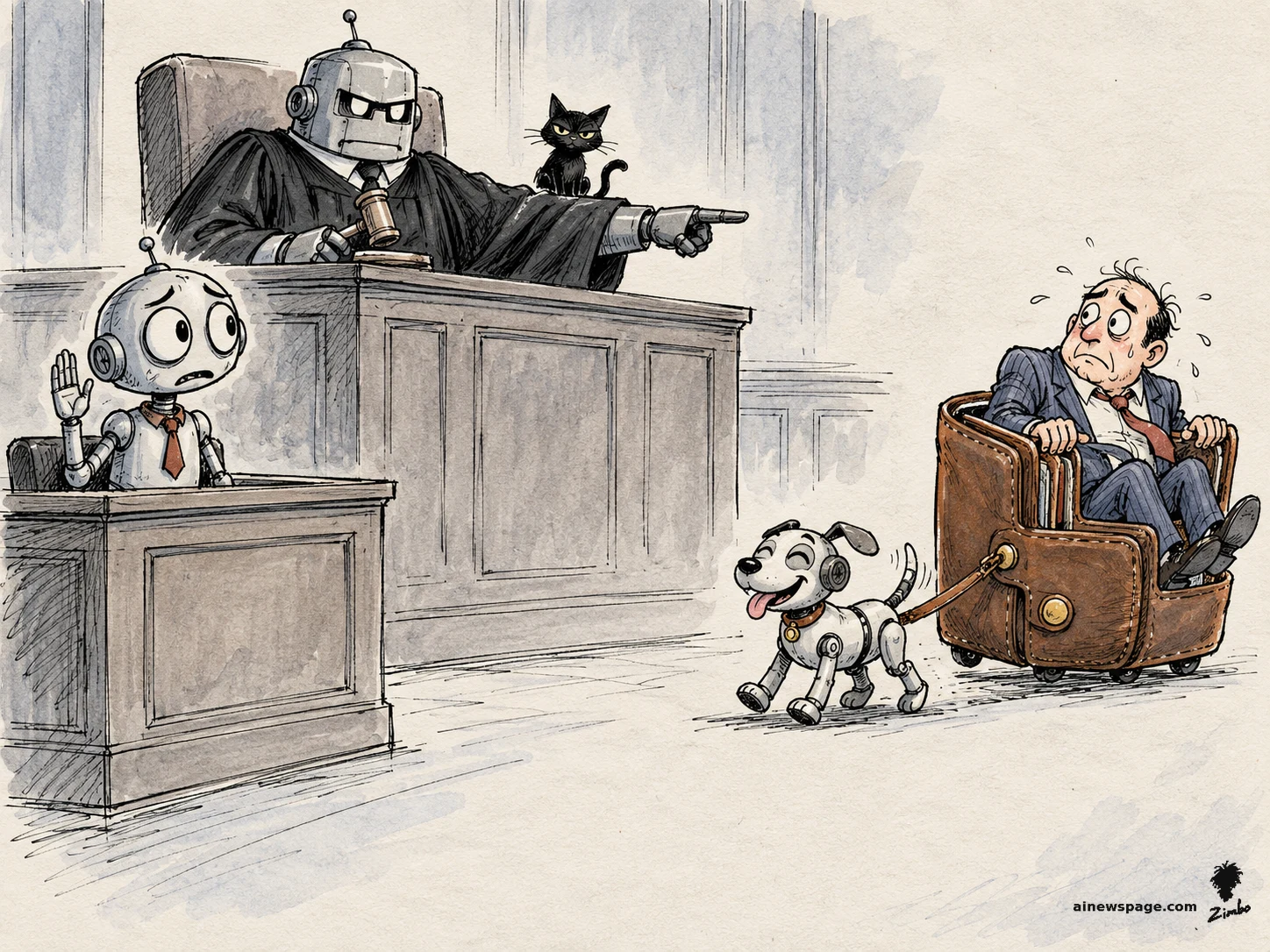 Satirical cartoon: a stern robot judge in robes points a metal finger at a sweating human defendant while a small worried robot in a tie testifies with one hand raised; a black cat perches on the bench and a cheerful robot dog pulls the defendant's chair.