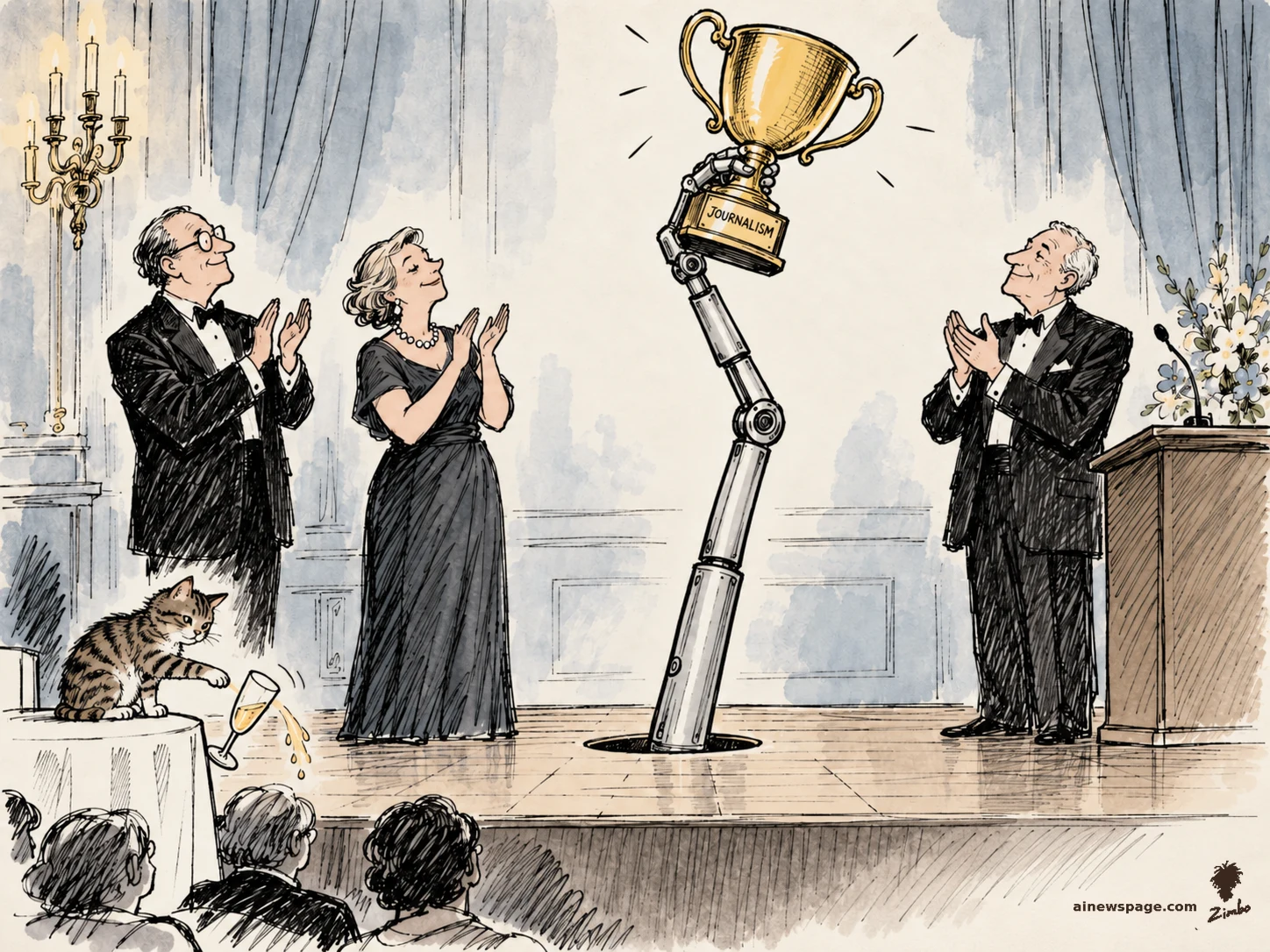 Editorial cartoon: a robot arm rises through an awards-stage floor holding a gold 'JOURNALISM' trophy while tuxedoed humans applaud; a tabby cat knocks a champagne glass off a table in the foreground.