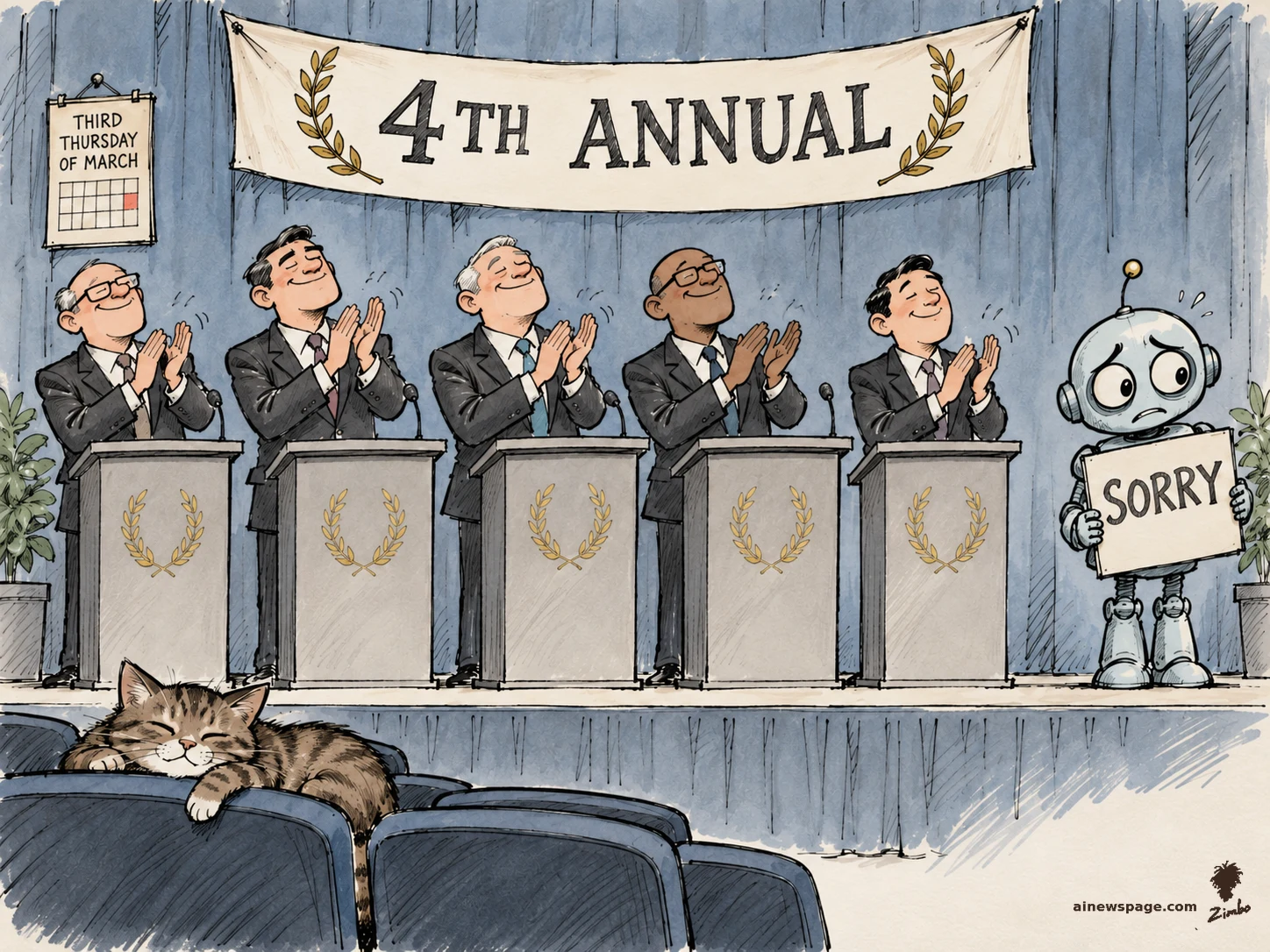 Editorial cartoon: five CEOs applaud at podiums under a '4TH ANNUAL' banner while a worried robot holds a 'SORRY' card; a tabby cat sleeps through it in the front row.