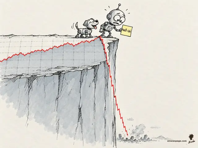 Editorial cartoon: a worried robot holding a sticky note reading 'sell-ish' stands with a cheerful robot dog at the edge of a cliff; a red stock chart plunges off the cliff into a ruined city below.
