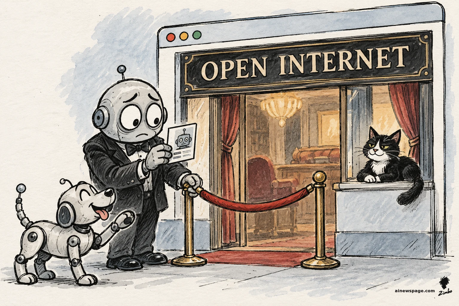 Satirical cartoon: a robot bouncer in a tuxedo checks IDs at a velvet rope outside a browser window styled as a theater entrance reading OPEN INTERNET; a tuxedo cat lounges inside while a cheerful robot dog approaches.