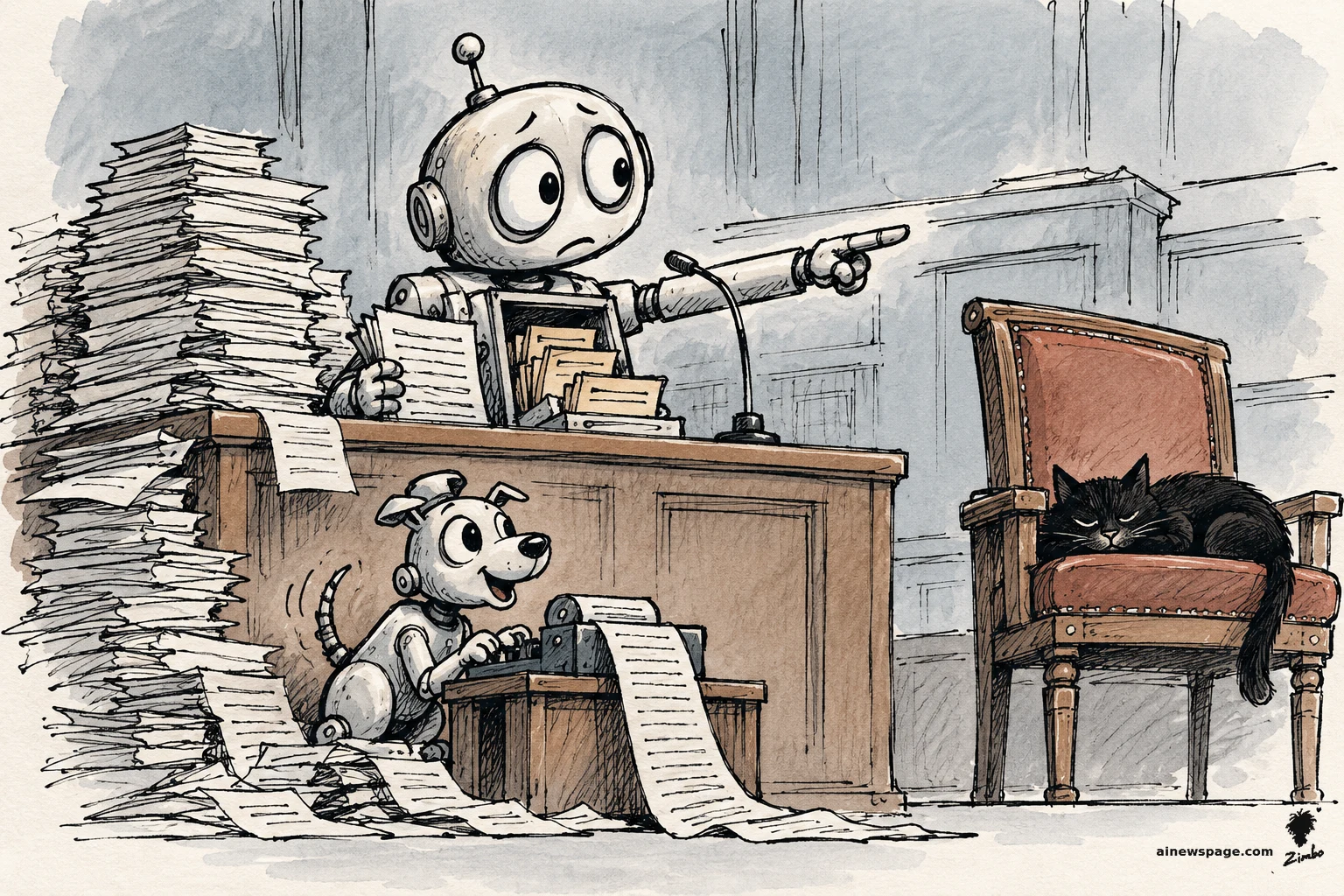 AI cartoon by Zimbo: Satirical cartoon: a worried robot on a witness stand points a metal finger across the courtroom at an empty chair where a black cat sleeps; a cheerful robot dog types transcripts on a typewriter amid towering stacks of paper.
