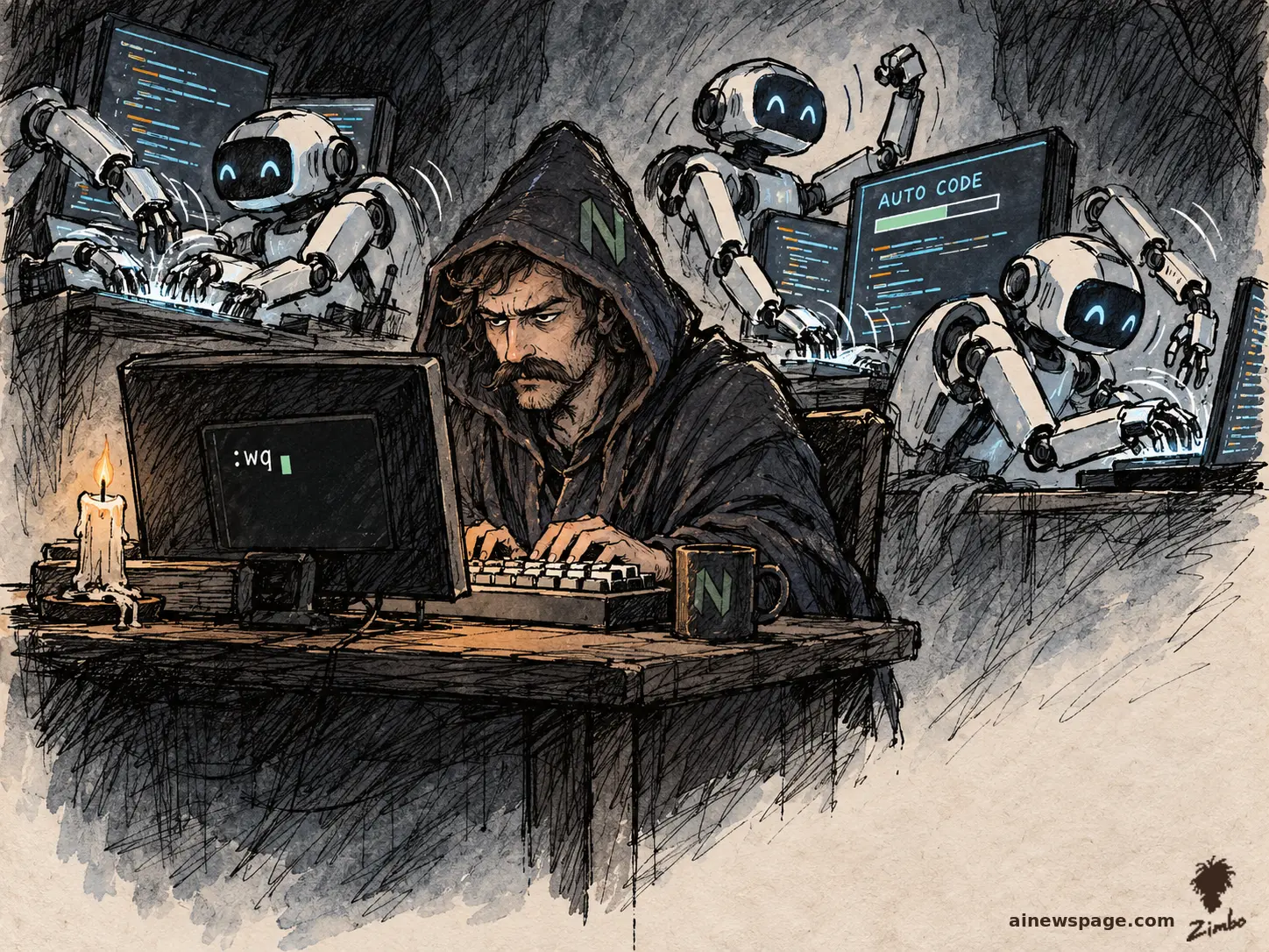 AI cartoon by Zimbo: Satirical cartoon: a hooded wizard glares unimpressed as he types ':wq' at a candlelit desk with a Neovim mug, while cheerful robot arms code furiously on glowing 'AUTO CODE' screens all around him.