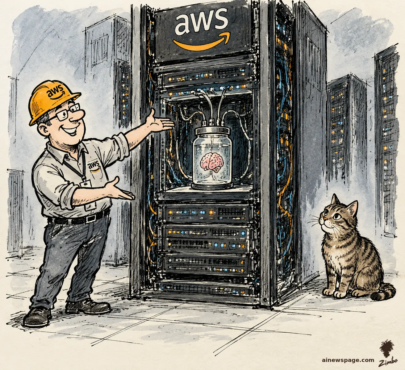 Editorial cartoon: a proud AWS engineer in a hard hat unveils a server rack with a rat brain in a glass jar wired into it, while a brown tabby cat watches with professional interest.