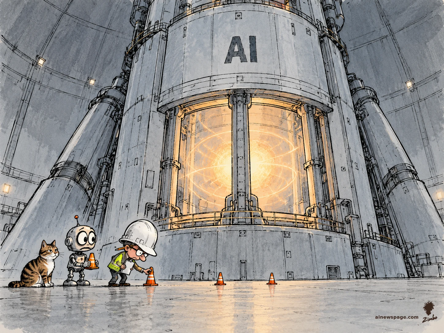AI cartoon by Zimbo: Satirical cartoon: a tiny safety inspector in an oversized white hard hat places miniature orange traffic cones in front of a massive glowing AI reactor; a worried robot holds a second cone and a tabby cat watches.