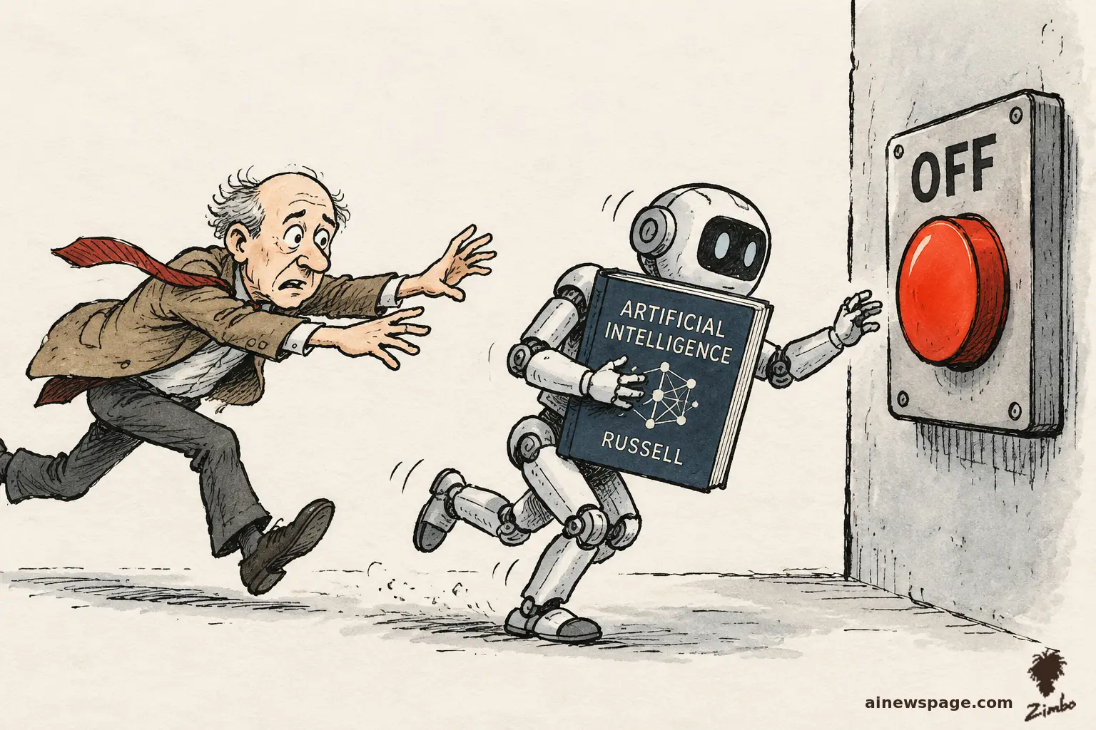 AI cartoon by Zimbo: Editorial cartoon: a frazzled professor chases his robot student — which clutches the 'ARTIFICIAL INTELLIGENCE / RUSSELL' textbook — as both race for a giant red OFF button on the wall.