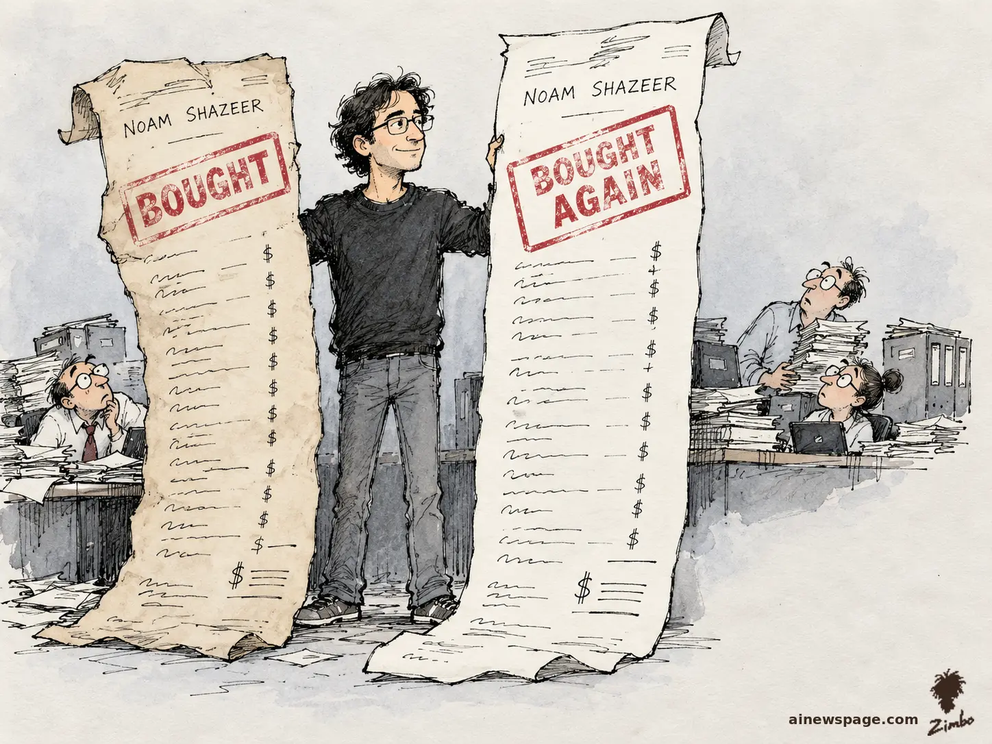 AI cartoon by Zimbo: Editorial cartoon: a smiling researcher holds up two enormous purchase receipts stamped 'BOUGHT' and 'BOUGHT AGAIN', both headed 'NOAM SHAZEER', while office workers drown in paperwork behind him.