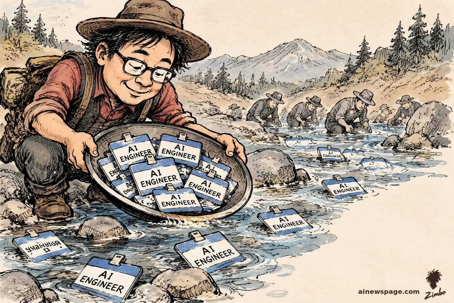 AI cartoon by Zimbo: Satirical cartoon: a grinning 1849 gold-rush prospector kneels at a river panning a gold pan overflowing with blue 'AI ENGINEER' name badges instead of gold nuggets, while fellow prospectors pan the same badge-filled stream behind him.