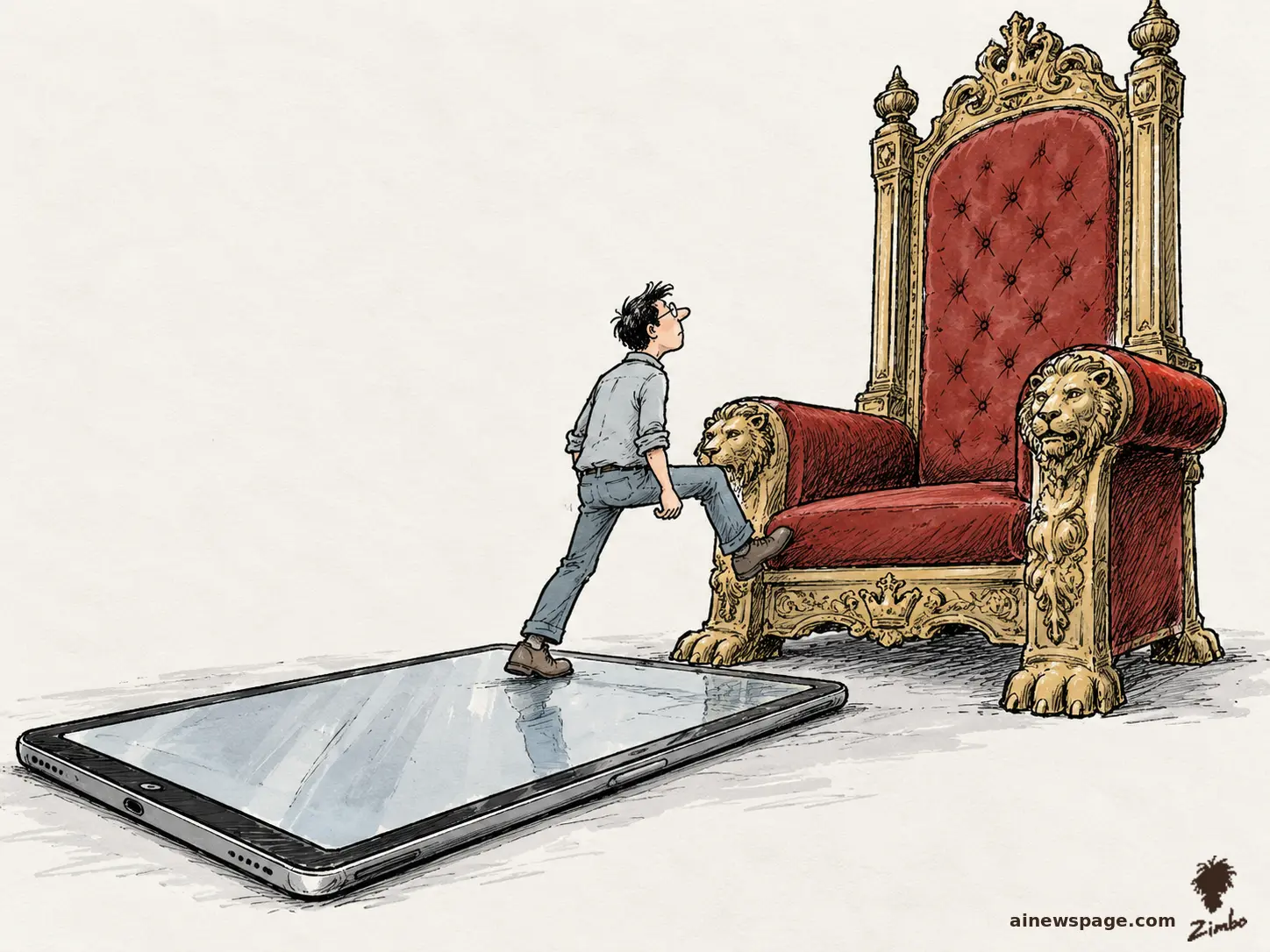 AI cartoon by Zimbo: Satirical cartoon: a young engineer steps off a giant flat-lying iPad and climbs onto an enormous lion-carved throne.