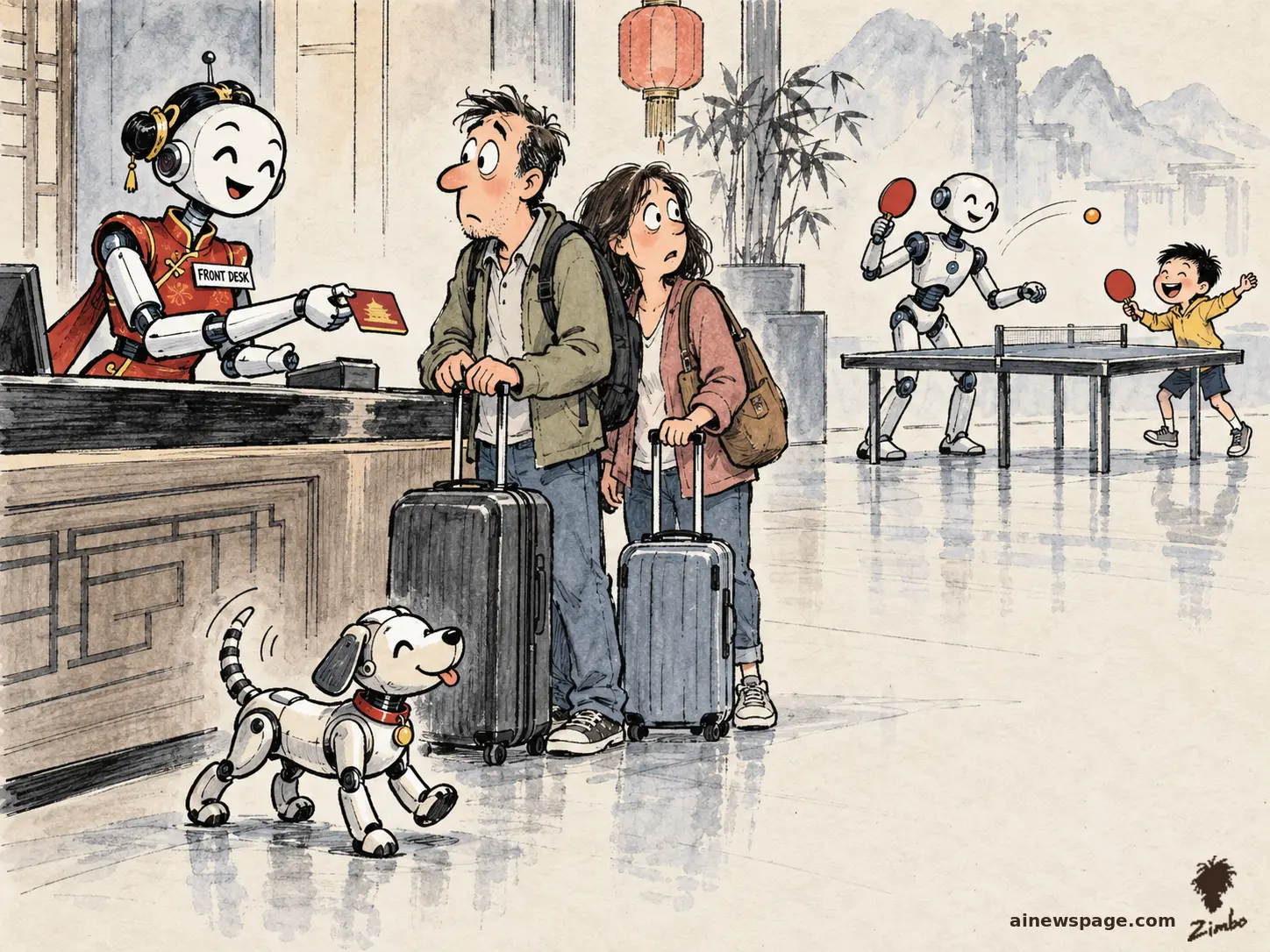 AI cartoon by Zimbo: Satirical cartoon: a cheerful humanoid robot receptionist in a red outfit with a 'FRONT DESK' name tag hands a room card to a bewildered couple with suitcases, while a second robot plays ping-pong with a delighted kid and a small robot dog (Buddy) trots through the lobby.