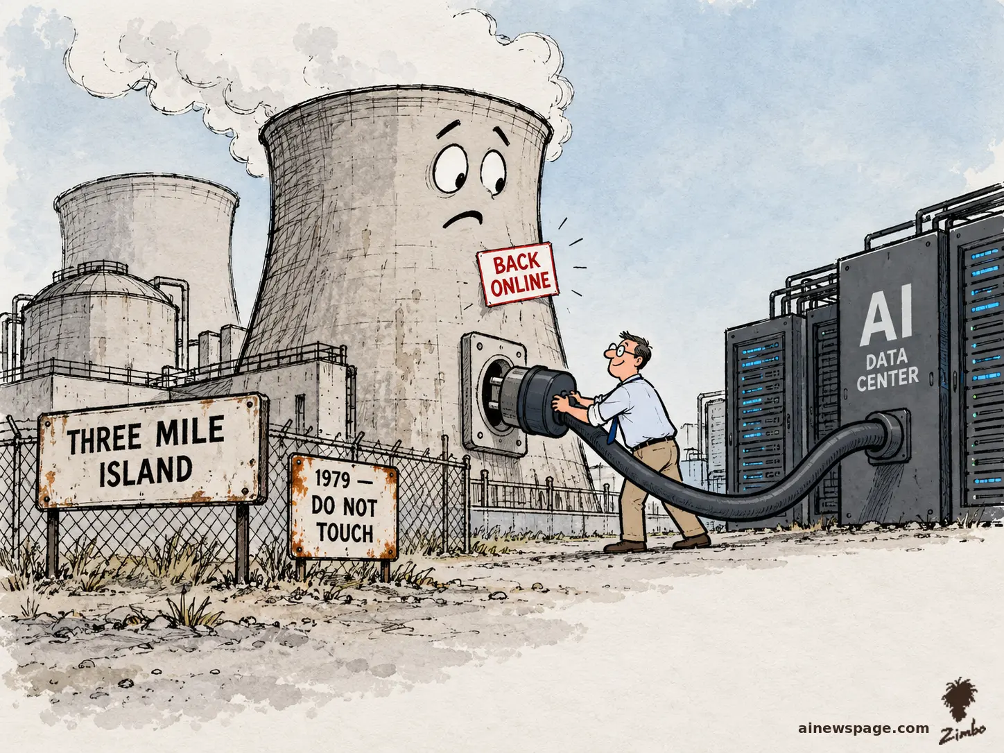 AI cartoon by Zimbo: Satirical cartoon: a technician plugs a giant power cable from an anxious-faced Three Mile Island cooling tower — signs read THREE MILE ISLAND, 1979 — DO NOT TOUCH, plus a red BACK ONLINE tag — into an AI DATA CENTER server rack.