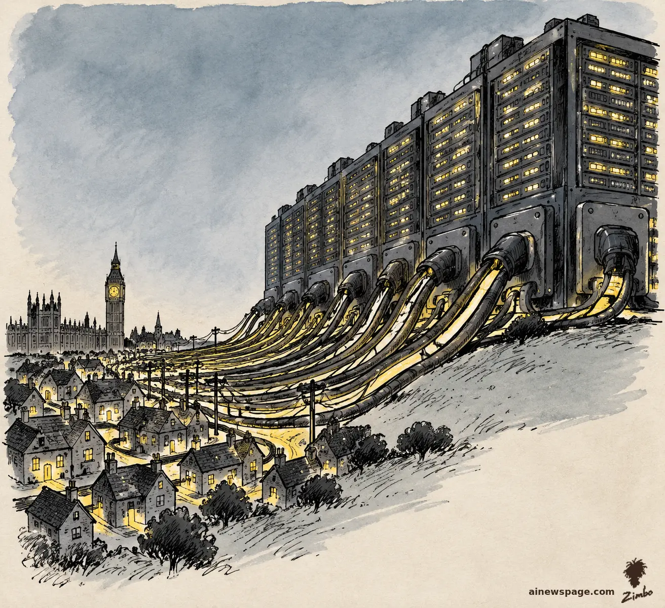 AI cartoon by Zimbo: Satirical cartoon: a giant fortress-like data center with glowing server windows drains light through huge cables from a small London village, Big Ben on the skyline.