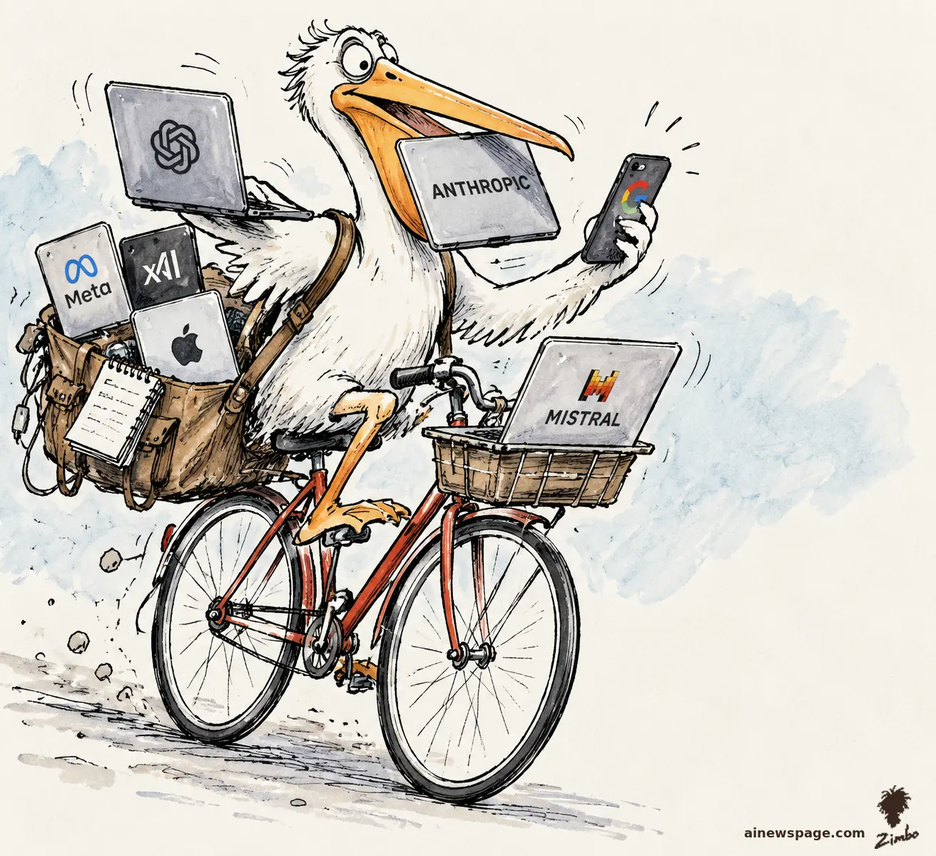 Satirical cartoon: a pelican rides a red bicycle while juggling laptops and phones emblazoned with AI-lab logos — OpenAI, Anthropic, Google, Meta, xAI, Apple, Mistral — in its beak, wings, basket, and saddlebag.